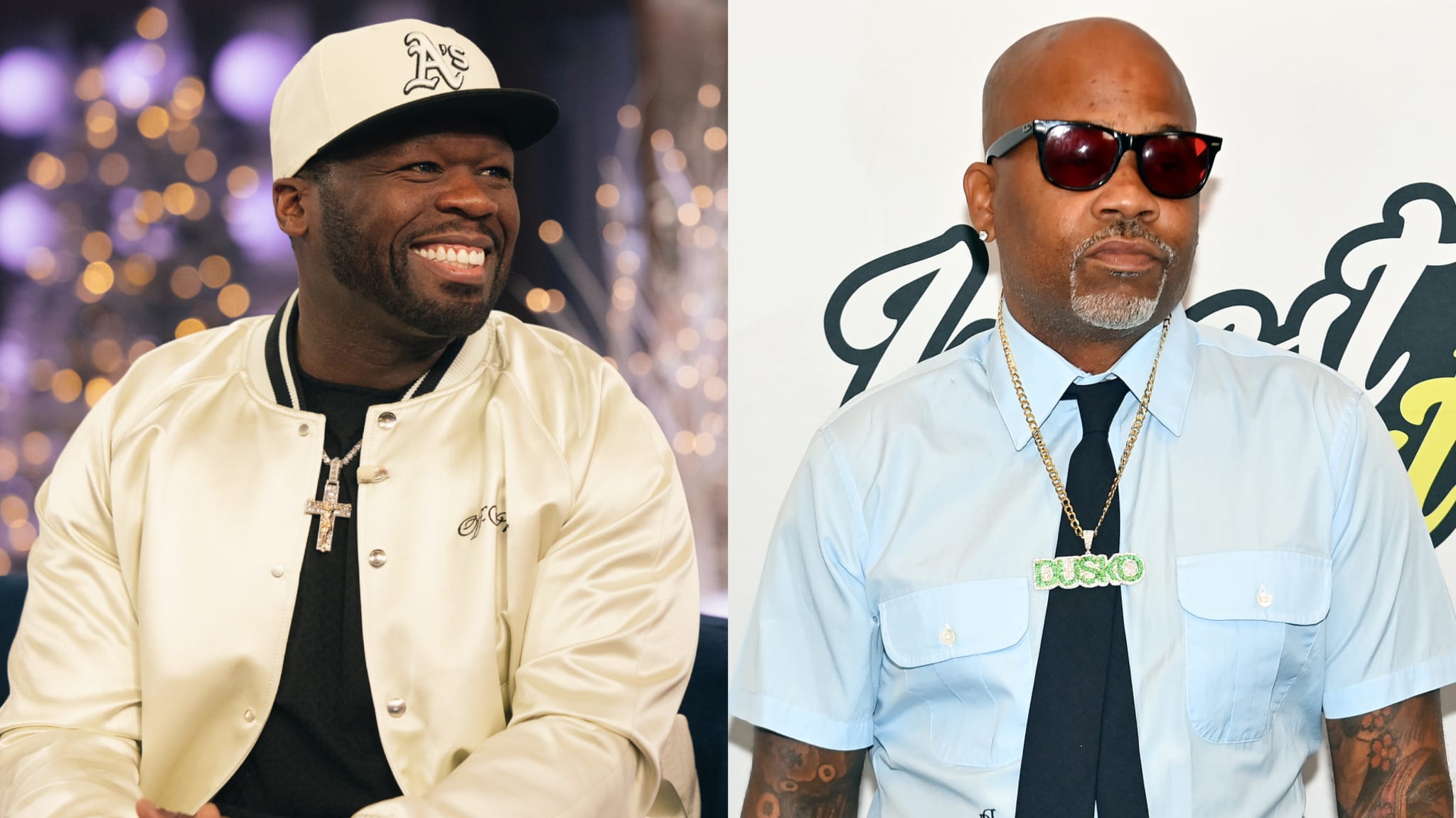 (L) 50 Cent smiling in a white jacket and cap. (R) Damon Dash in sunglasses, a blue shirt, and tie with a "Dusko" necklace.