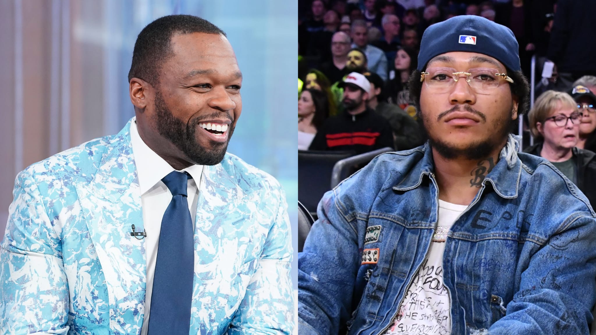(L) Curtis "50 Cent" Jackson visits "Fox & Friends" to discuss his new Fox Nation show "50 Ways to Catch a Killer" at Fox News Channel Studios on September 30, 2025 in New York City. (R) Lil Meech attends a basketball game between the Los Angeles Lakers and the New York Knicks at Crypto.com Arena on March 06, 2025 in Los Angeles, California. 