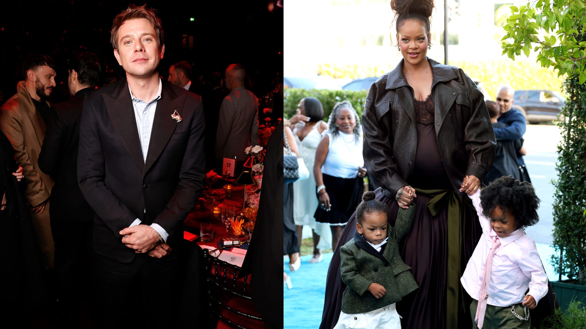 Two images: Left, Jonathan Anderson in a dark suit at an event. Right, Rihanna, pregnant, in a brown outfit with two children on a blue carpet.
