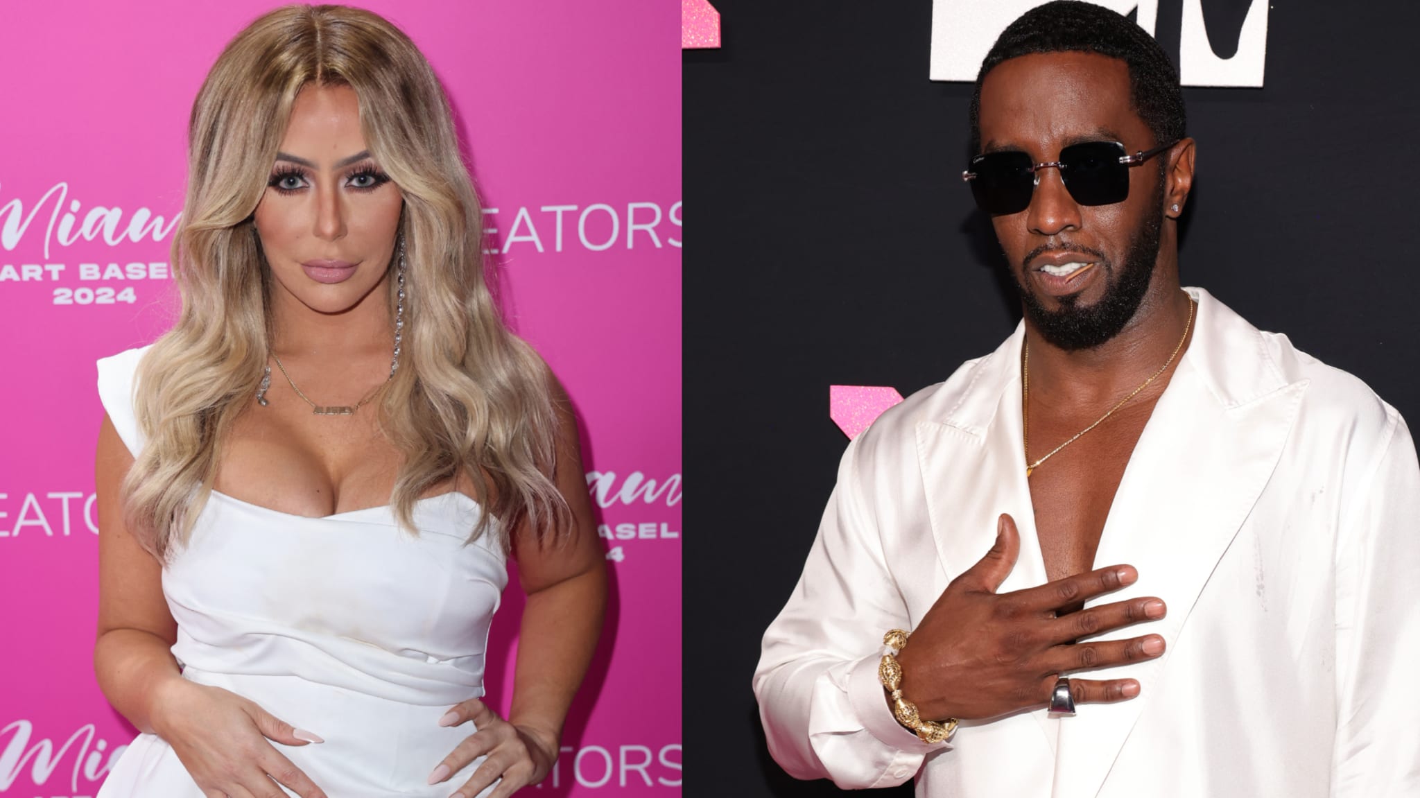Aubrey O'Day in a white dress poses against a pink backdrop, and Sean "Diddy" Combs in sunglasses and white attire on a black background.