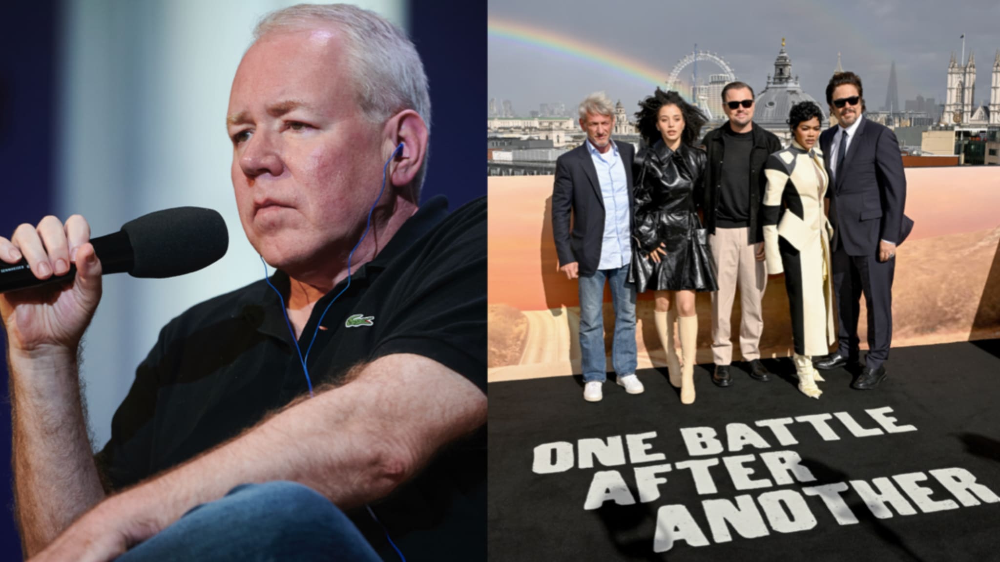 Bret Easton Ellis with a microphone on the left. On the right, a group of five actors, including three men and two women, posing together at an event for 'One Battle After Another.'