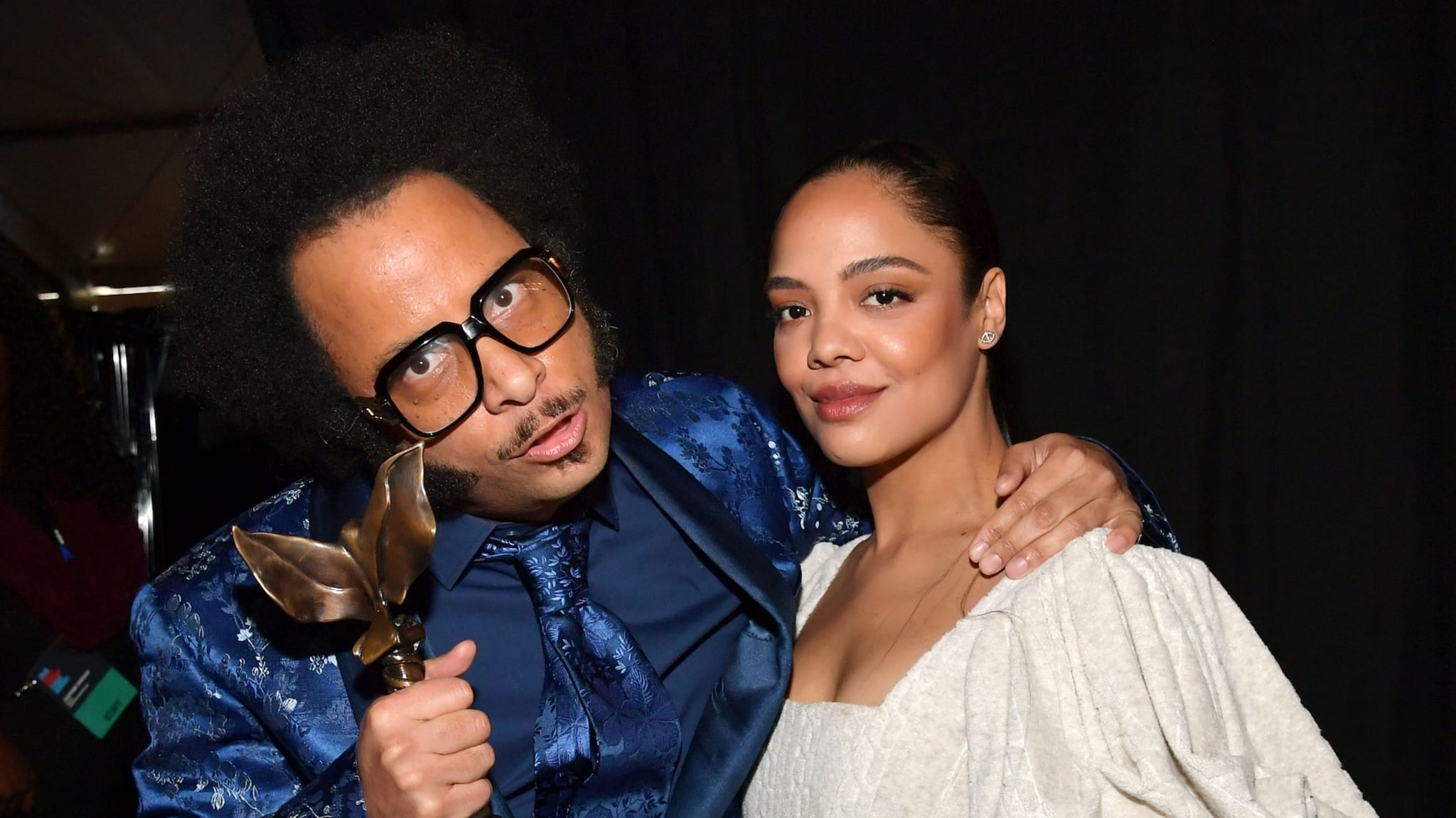 SANTA MONICA, CALIFORNIA - FEBRUARY 23: (l-R) Boots Riley and Tessa Thompson, winners of Best First Feature for 'Sorry to Bother You,' pose during the 2019 Film Independent Spirit Awards on February 23, 2019 in Santa Monica, California.