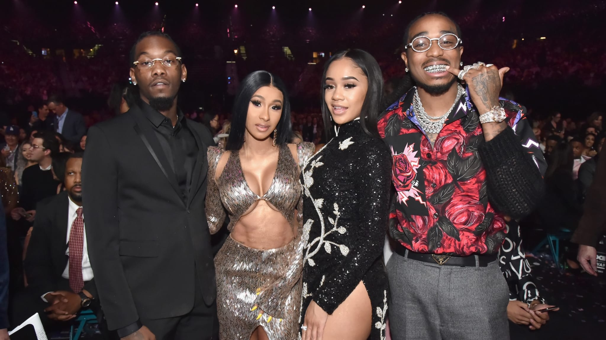 LAS VEGAS, NV - MAY 01: (L-R) Offset of Migos, Cardi B, Saweetie, and Quavo of Migos attend the 2019 Billboard Music Awards at MGM Grand Garden Arena on May 1, 2019 in Las Vegas, Nevada.