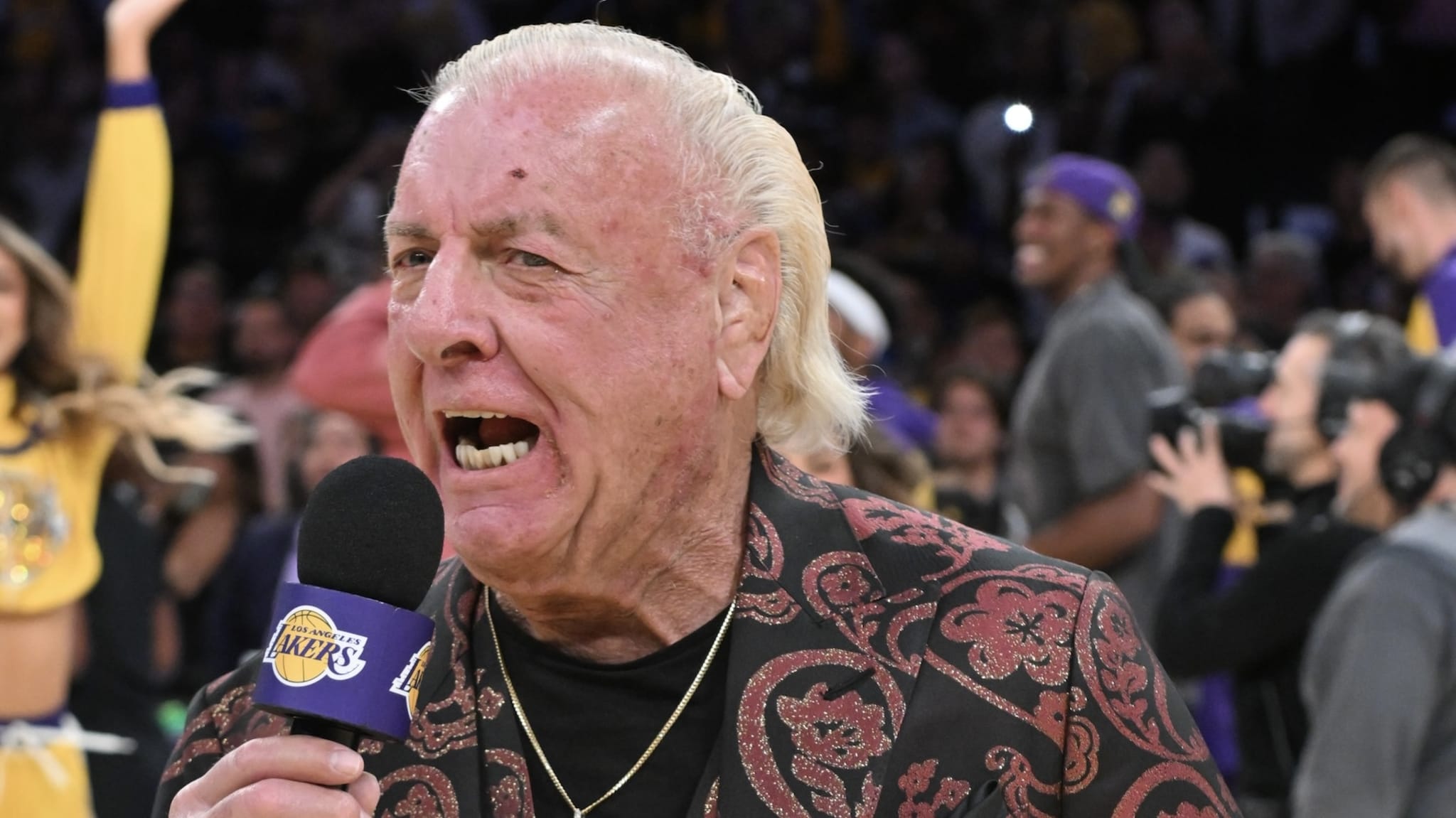 Ric Flair attends a basketball game between the Los Angeles Lakers and the Minnesota Timberwolves 