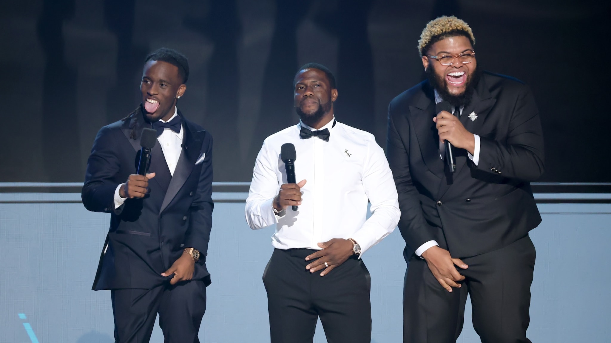 (L-R) Kai Cenat, Kevin Hart, and Druski speak onstage during the 2025 BET Awards at Peacock Theater on June 09, 2025 in Los Angeles, California.