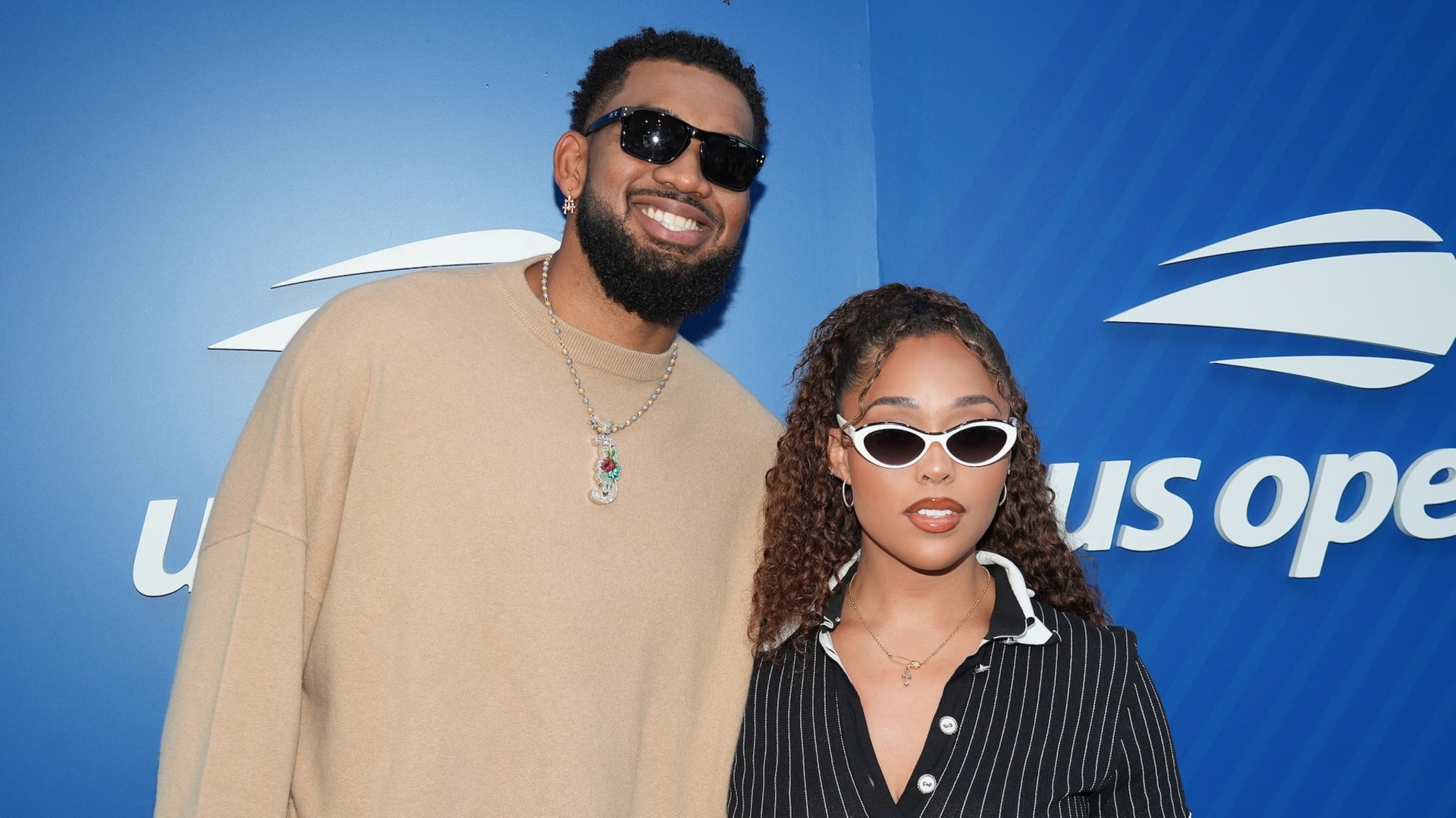 Karl-Anthony Towns, Jordyn Woods at the US Open Women's Semifinals Blue Carpet held at the USTA Billie Jean King National Tennis Center on September 04, 2025 in Queens, New York.