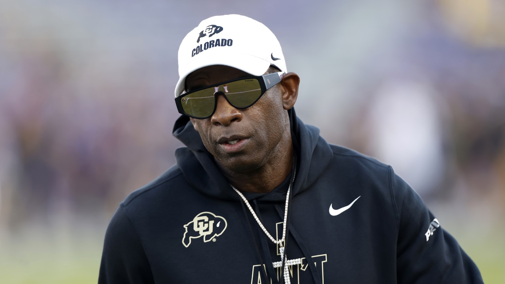 FORT WORTH, TEXAS - OCTOBER 04: Head coach Deion Sanders of the Colorado Buffaloes looks on before the game against TCU Horned Frogs at Amon G. Carter Stadium on October 4, 2025 in Fort Worth, Texas.