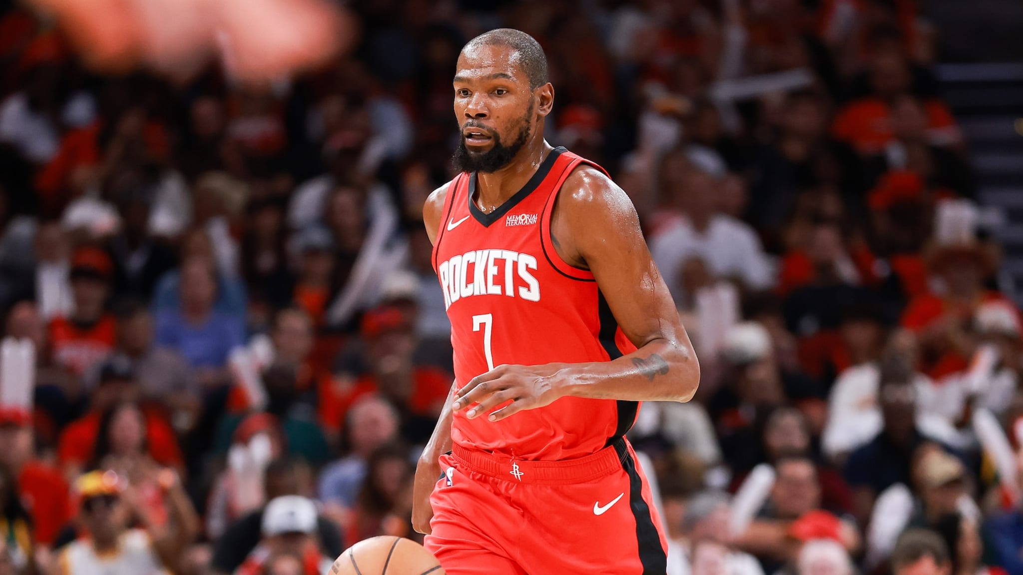 HOUSTON, TEXAS - OCTOBER 27: Kevin Durant #7 of the Houston Rockets dribbles the ball during the second half of the game against the Brooklyn Nets at Toyota Center on October 27, 2025 in Houston, Texas.