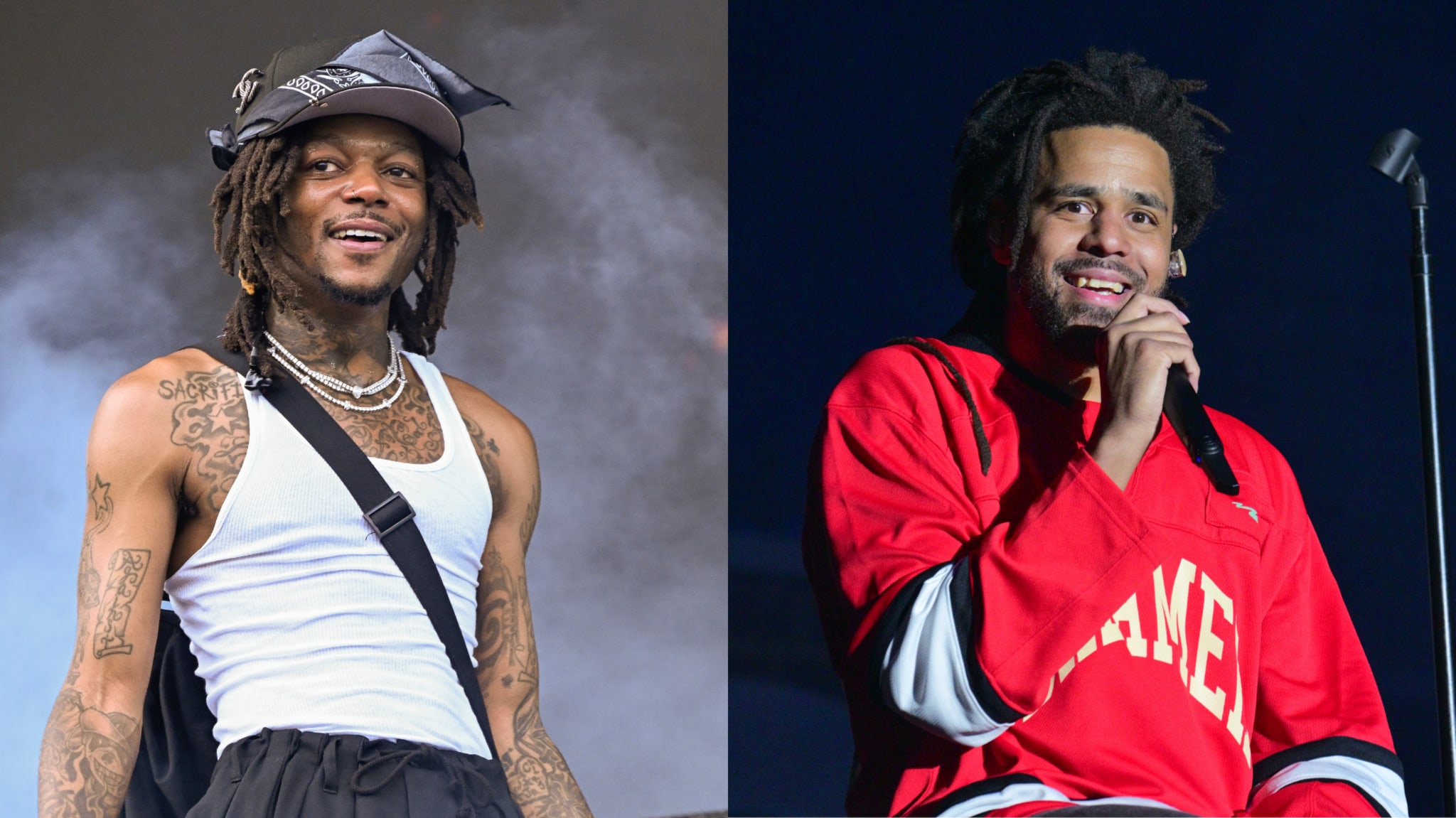(L) JID in a white tank top and bucket hat. (R) J. Cole in a red jersey holding a microphone on the right.
