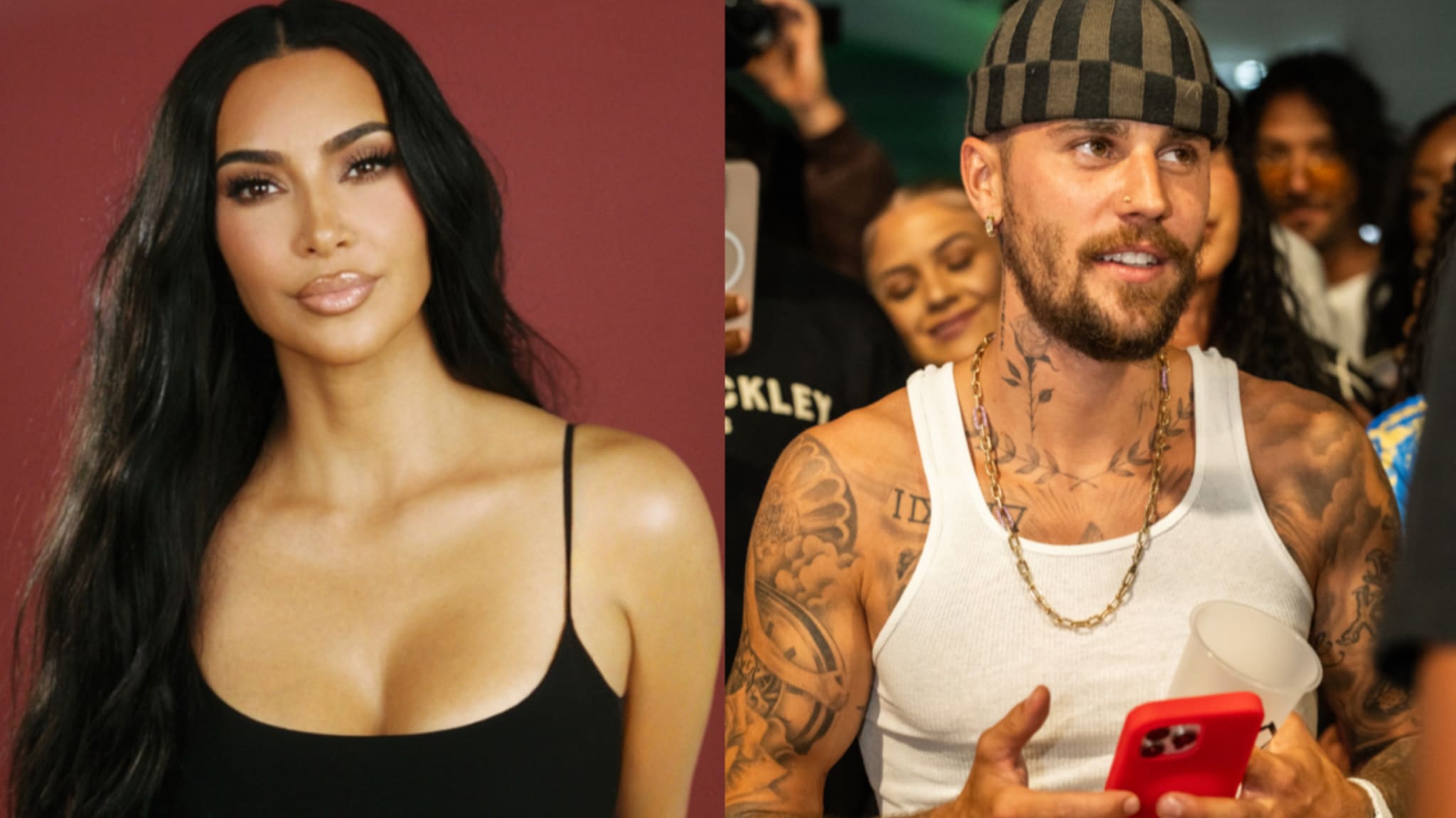 Kim Kardashian with long black hair in a black top, and a tattooed Justin Bieber in a beanie and white tank top holding a phone.