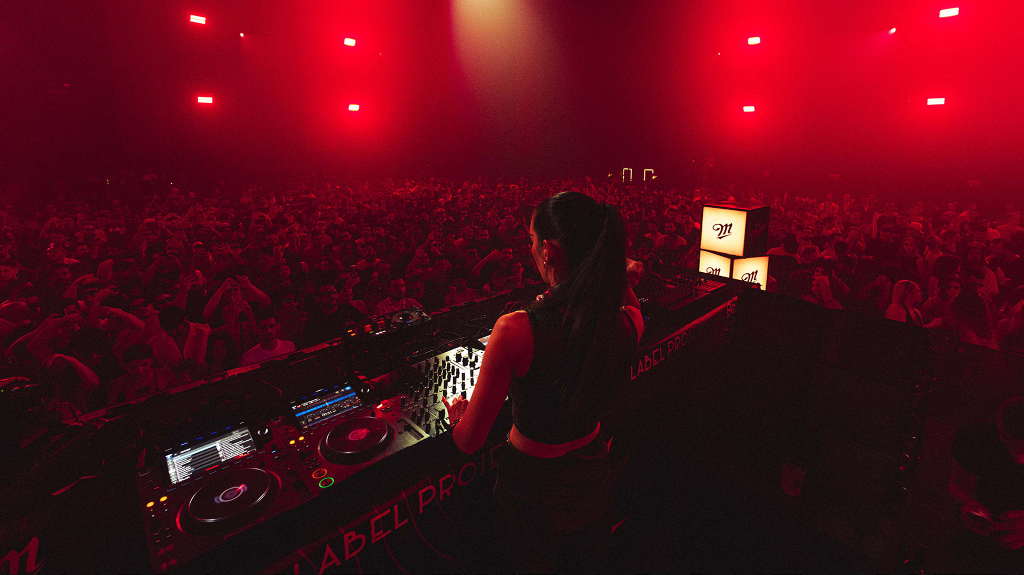 A DJ performing on stage in a dimly lit club with a large crowd and red lighting.