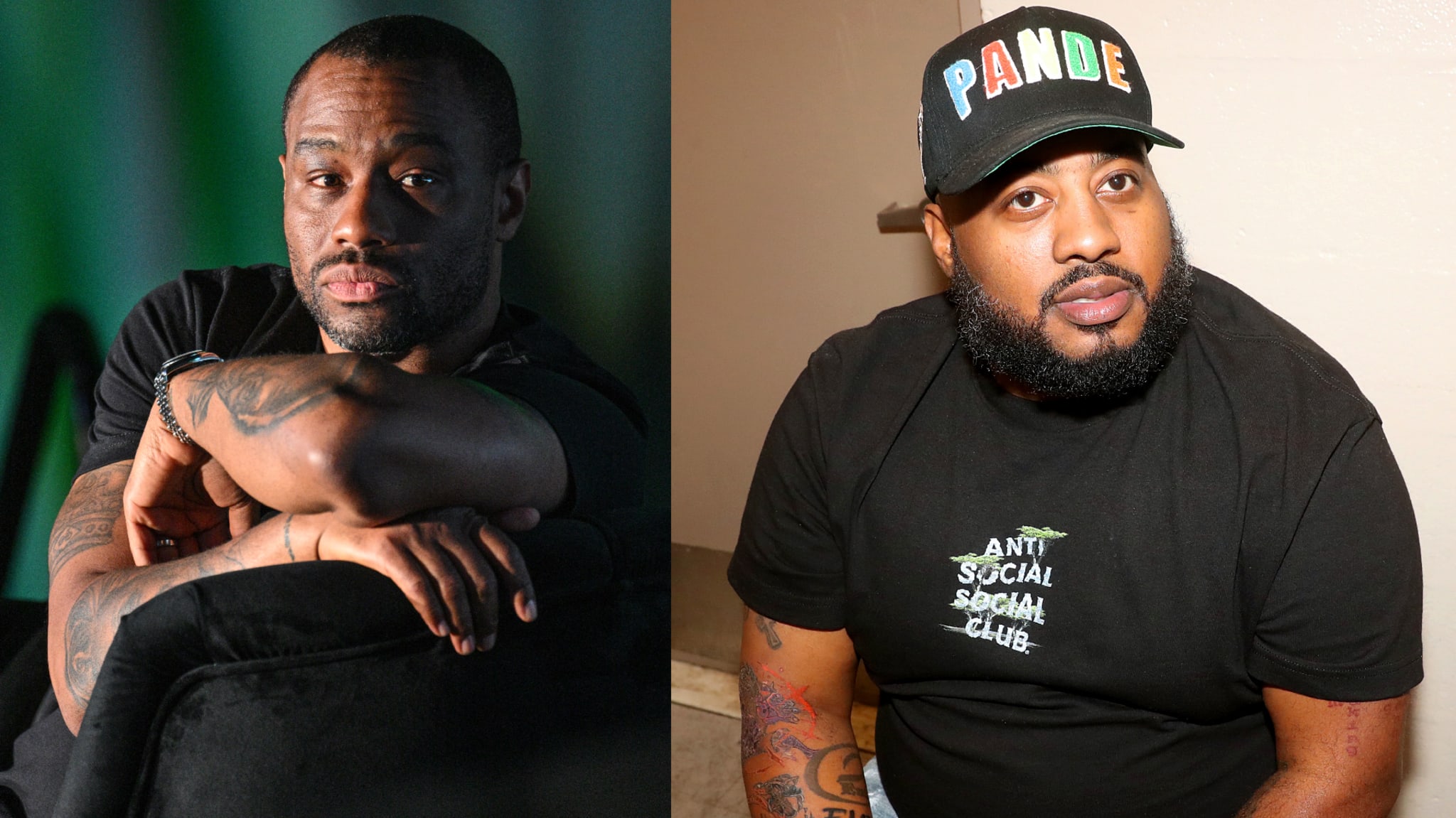 Marc on the left is sitting with arms crossed, wearing a black shirt. Flip on the right wears a cap and a black shirt.