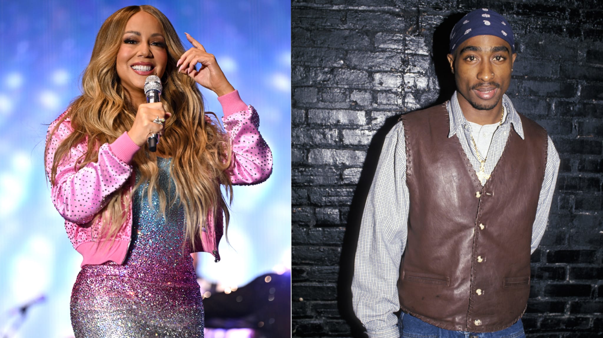 Mariah Carey performing in a sparkly outfit; Tupac Shakur in casual attire with a bandana against a brick wall.