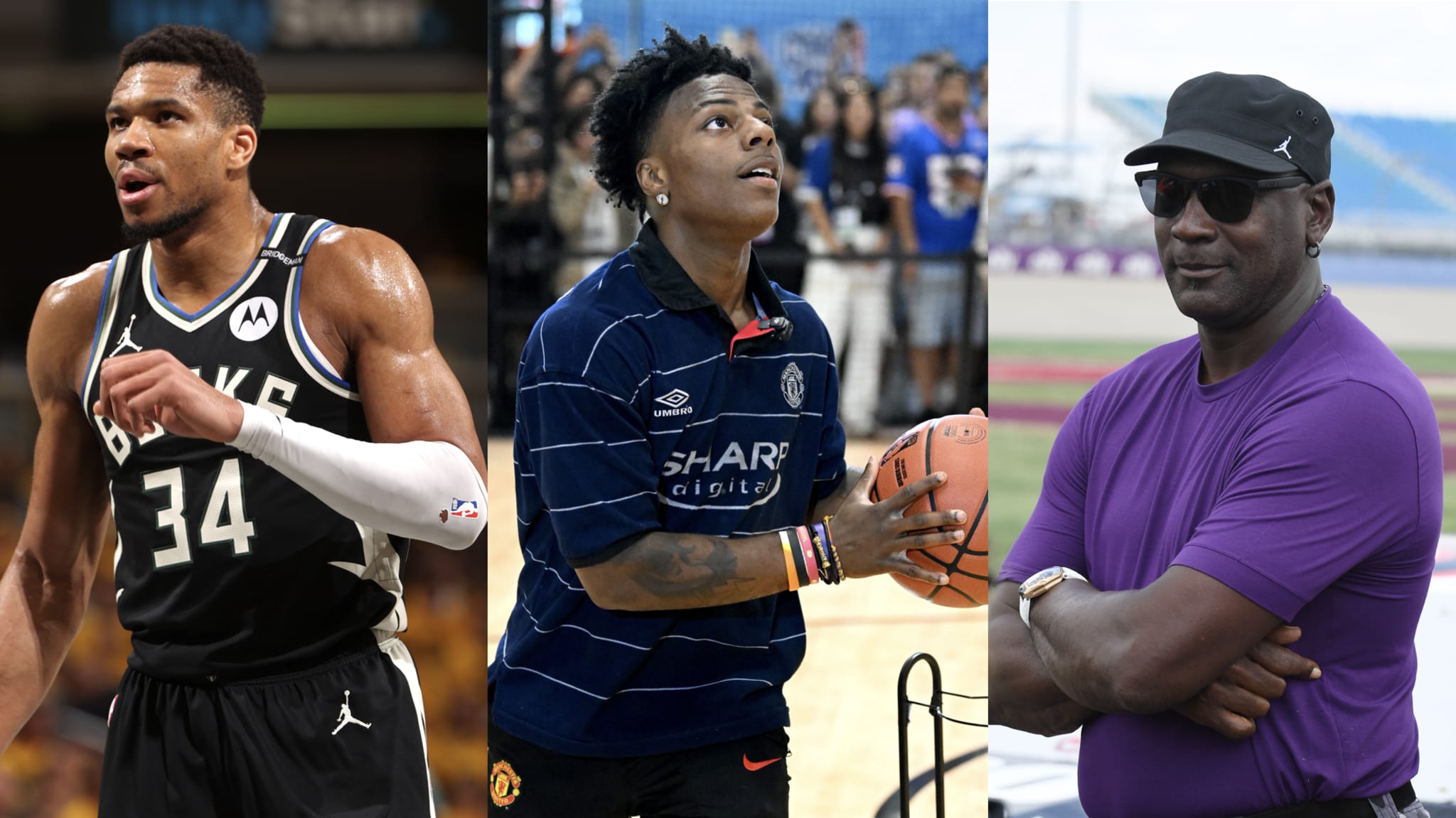 (L-R) Giannis Antetokounmpo, IShowSpeed and Michael Jordan.