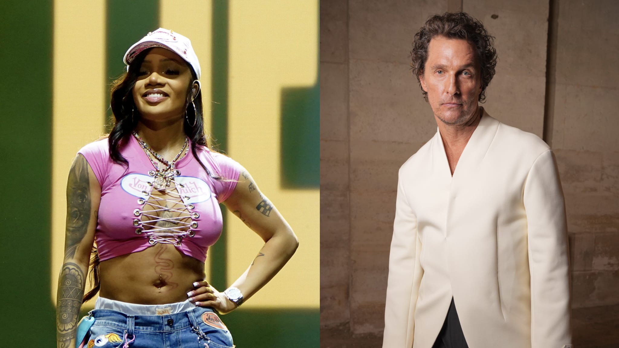 GloRilla performs onstage during Day 1 of the 2025 ESSENCE Festival of Culture presented by Coca-Cola at Caesars Superdome on July 04, 2025 in New Orleans, Louisiana/Matthew McConaughey at the Jacquemus show as part of Paris Men's Fashion Week held at Château de Versailles on June 29, 2025 in Paris, France.