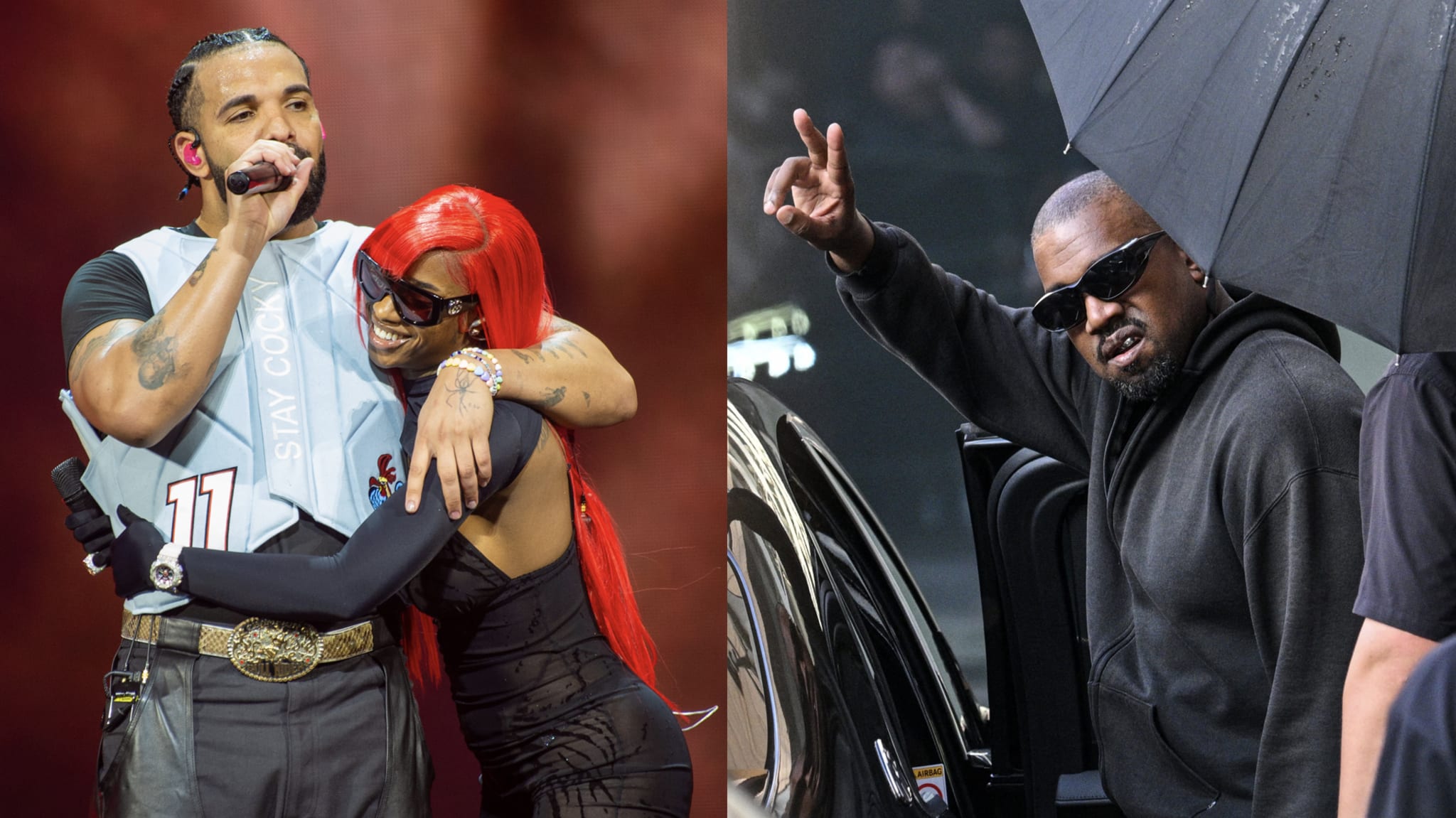 (L) Drake and Sexyy Red perform during day two of Wireless Festival 2025 at Finsbury Park on July 12, 2025 in London, England. (R) US rapper and producer Kanye West waves after arriving at Shanghai Pudong International Airport on July 11, 2025. Kanye West will hold a concert in Shanghai on July 12. 
