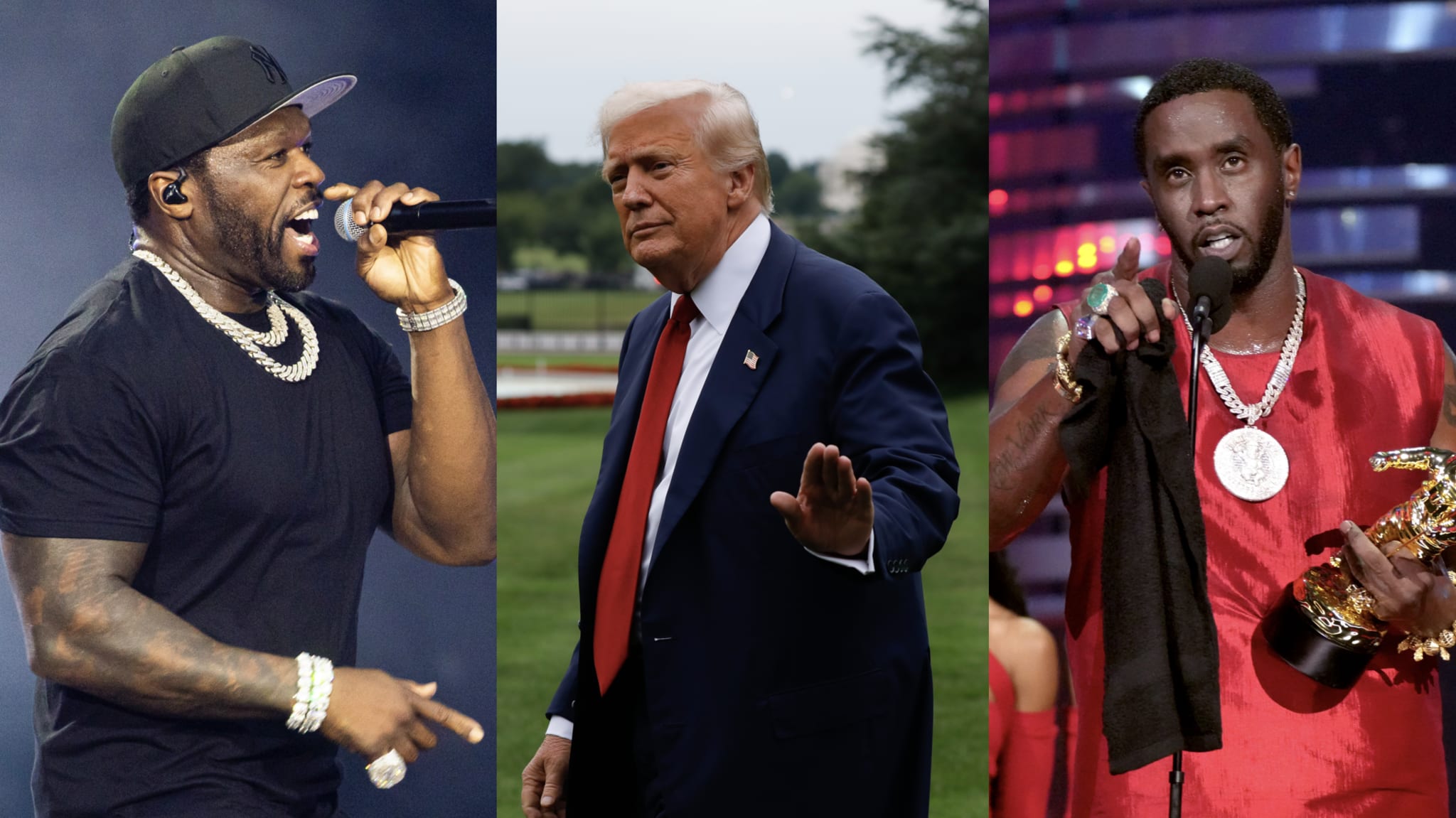 (L-R) 50 Cent, Donald Trump and Diddy.