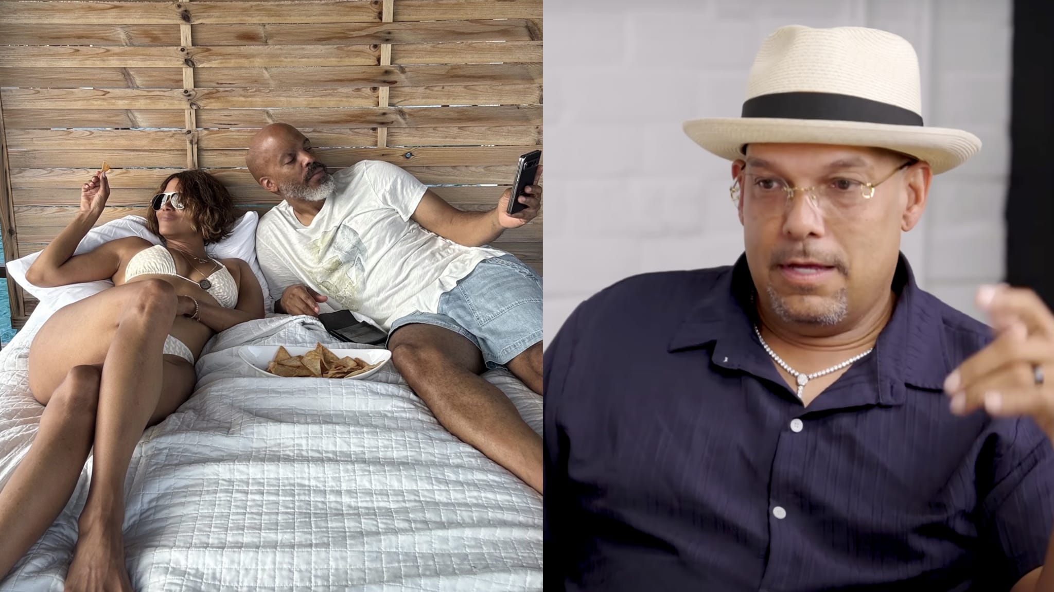 (L) Halle Berry wearing a swimsuit while laying in bed next to Van Hunt. (R) David Justice wearing a hat and talking.