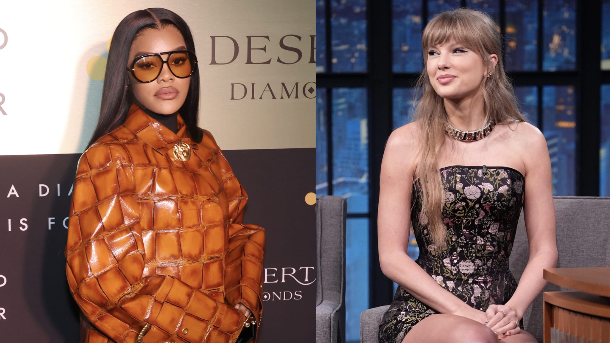 (L) Teyana Taylor attends De Beers Celebrates The Launch Of Desert Diamonds at Artechouse NYC on October 03, 2025 in New York City. (R) Singer Taylor Swift during an interview with host Seth Meyers on October 8, 2025