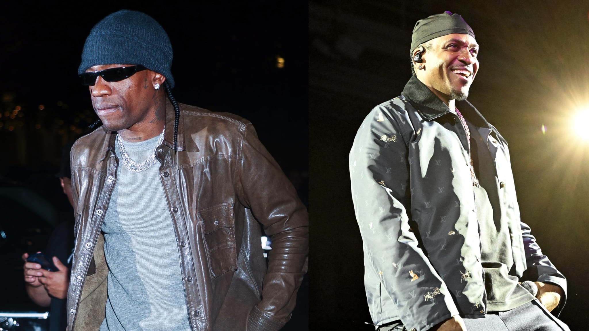 (L) Travis Scott attends NikeSKIMS Launch Dinner at Four Twenty Five in Midtown on September 24, 2025 in New York City. (R) Pusha T of Clipse performs onstage during ComplexCon 2025 at the Las Vegas Convention Center on October 25, 2025 in Las Vegas, Nevada. 