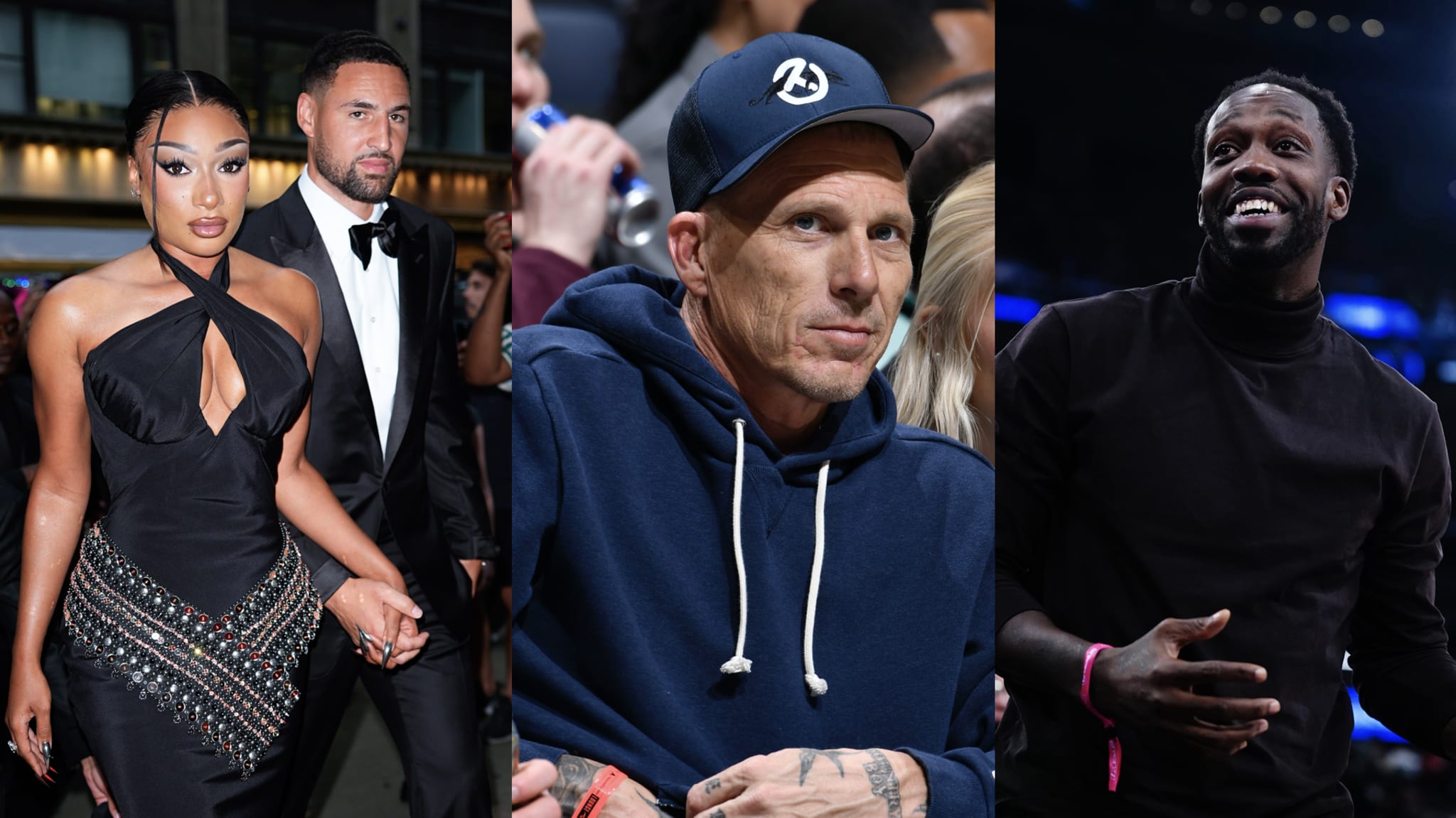 (L) Megan Thee Stallion and Klay Thompson are seen on July 16, 2025 in New York City. (Center) Jason Williams attends the game between the Chicago Bulls and the Orlando Magic on March 6, 2025 at Kia Center in Orlando, Florida. (R) Patrick Beverley looks on during the Phoenix Suns v LA Clippers game on October 24, 2025 at Intuit Dome in Los Angeles, California.