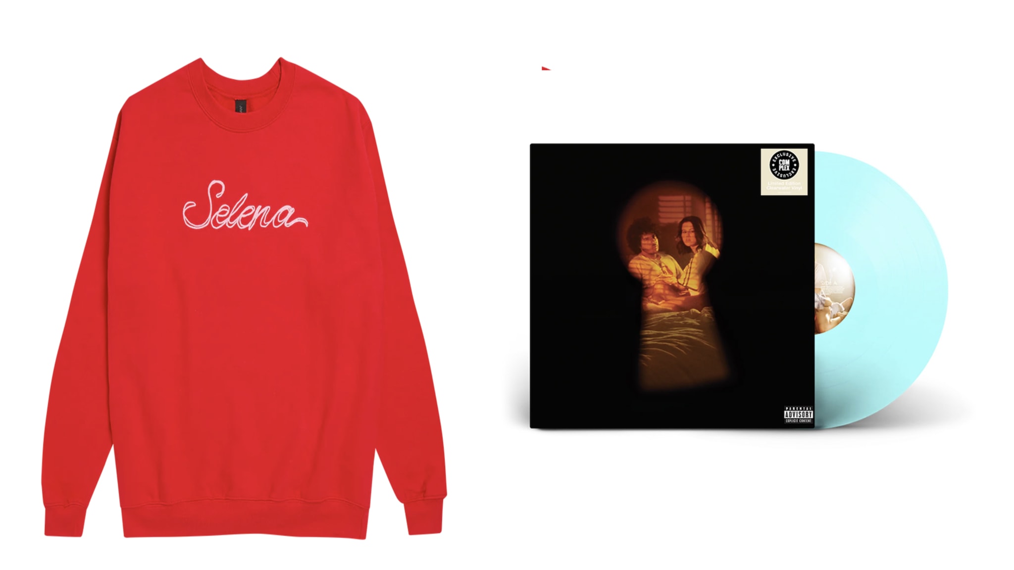 A red sweatshirt with "Selena" in white script and a vinyl record with a cover showing two people through a keyhole.