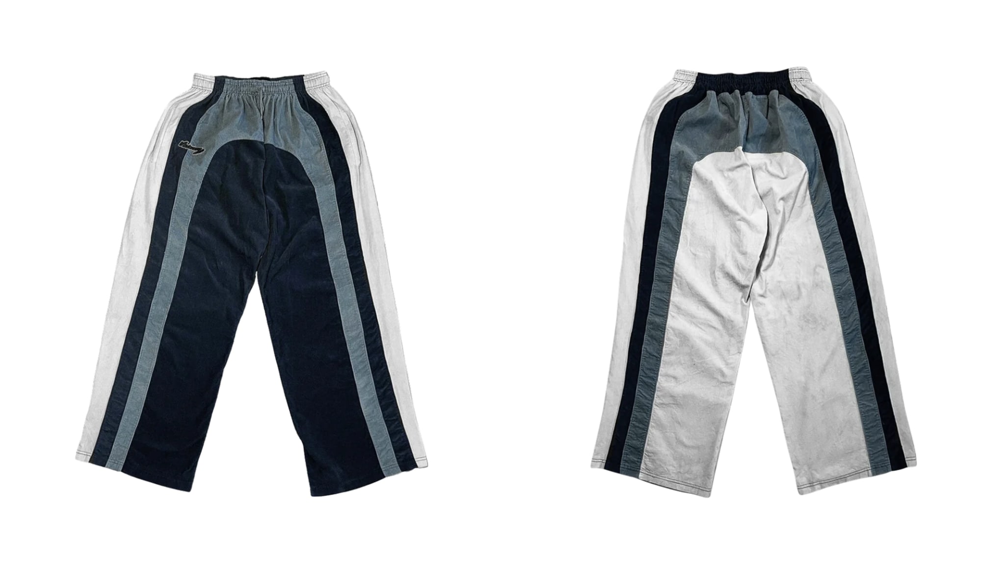 Two pairs of pants with a similar design, featuring vertical stripes in shades of blue, gray, and white.