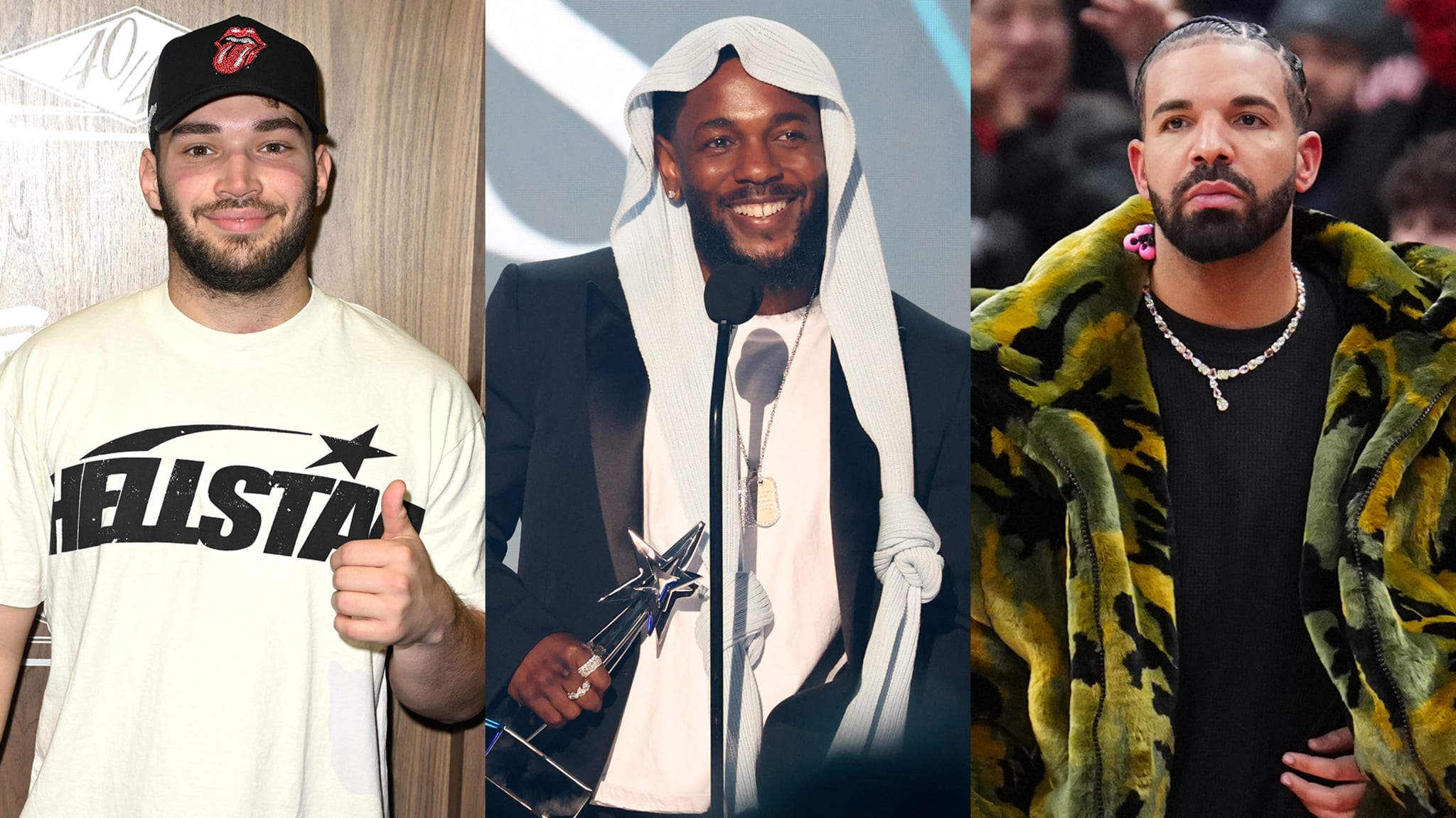 Three men in separate images: Adin Ross in a white T-shirt and cap, Kendrick Lamar holding an award, and Drake in a camo coat.