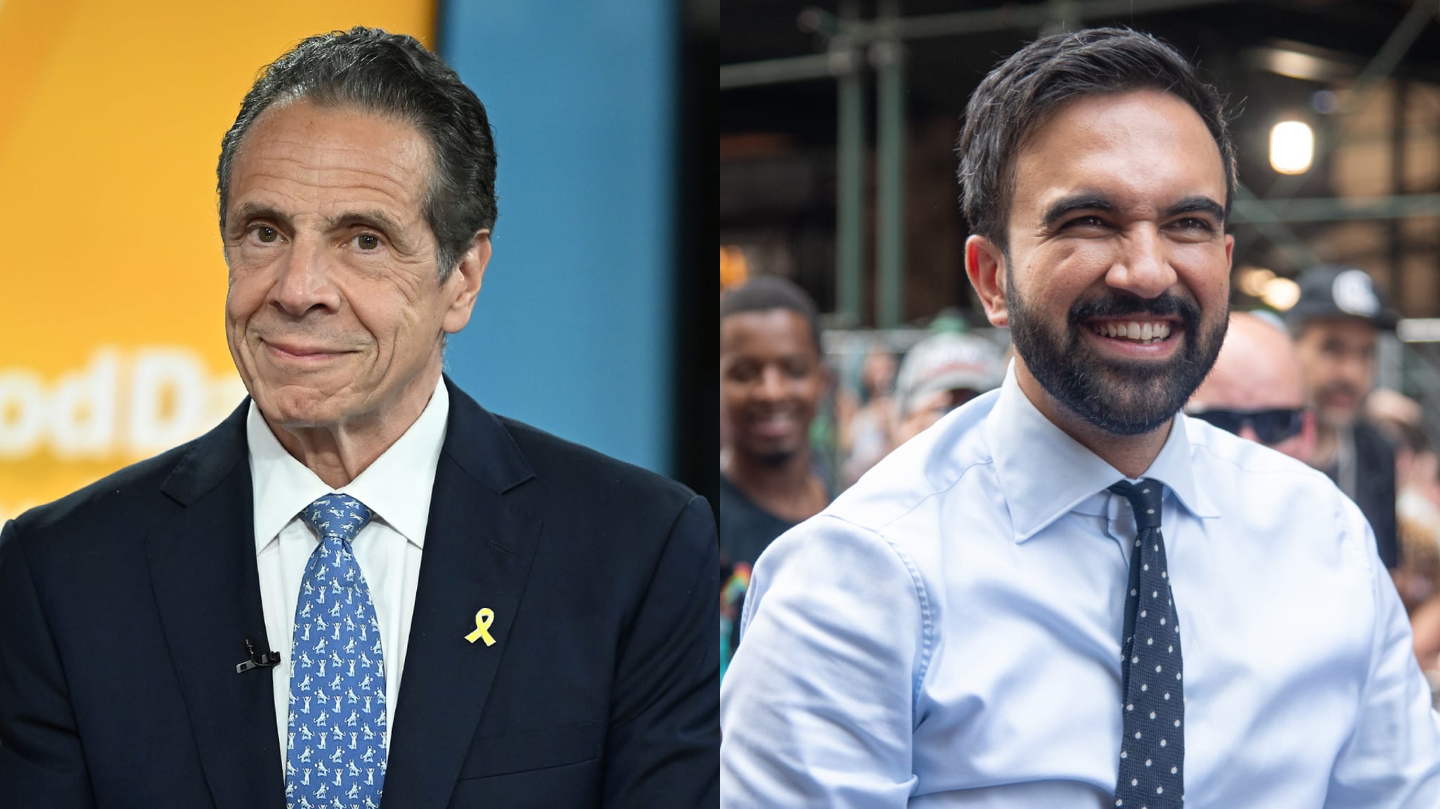 Split image. Left: Andrew Cuomo wearing a dark suit with a yellow ribbon and patterned tie. Right: Zohran Mamdani in a light shirt and polka dot tie, smiling.