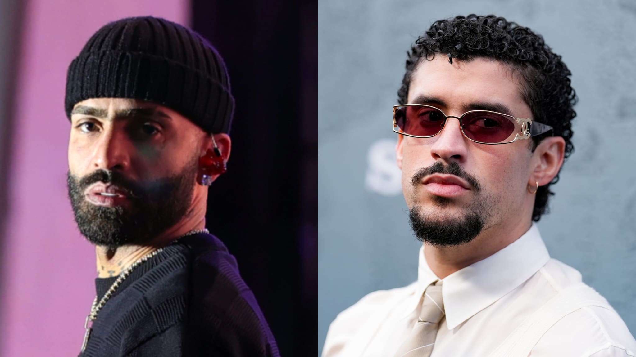 (L) Adin Ross attends day two of Wireless Festival 2025 at Finsbury Park on July 12, 2025 in London, England. (R) Bad Bunny at the Columbia Pictures "Caught Stealing" New York Premiere held at Regal Union Square on August 26, 2025 in New York, New York. 