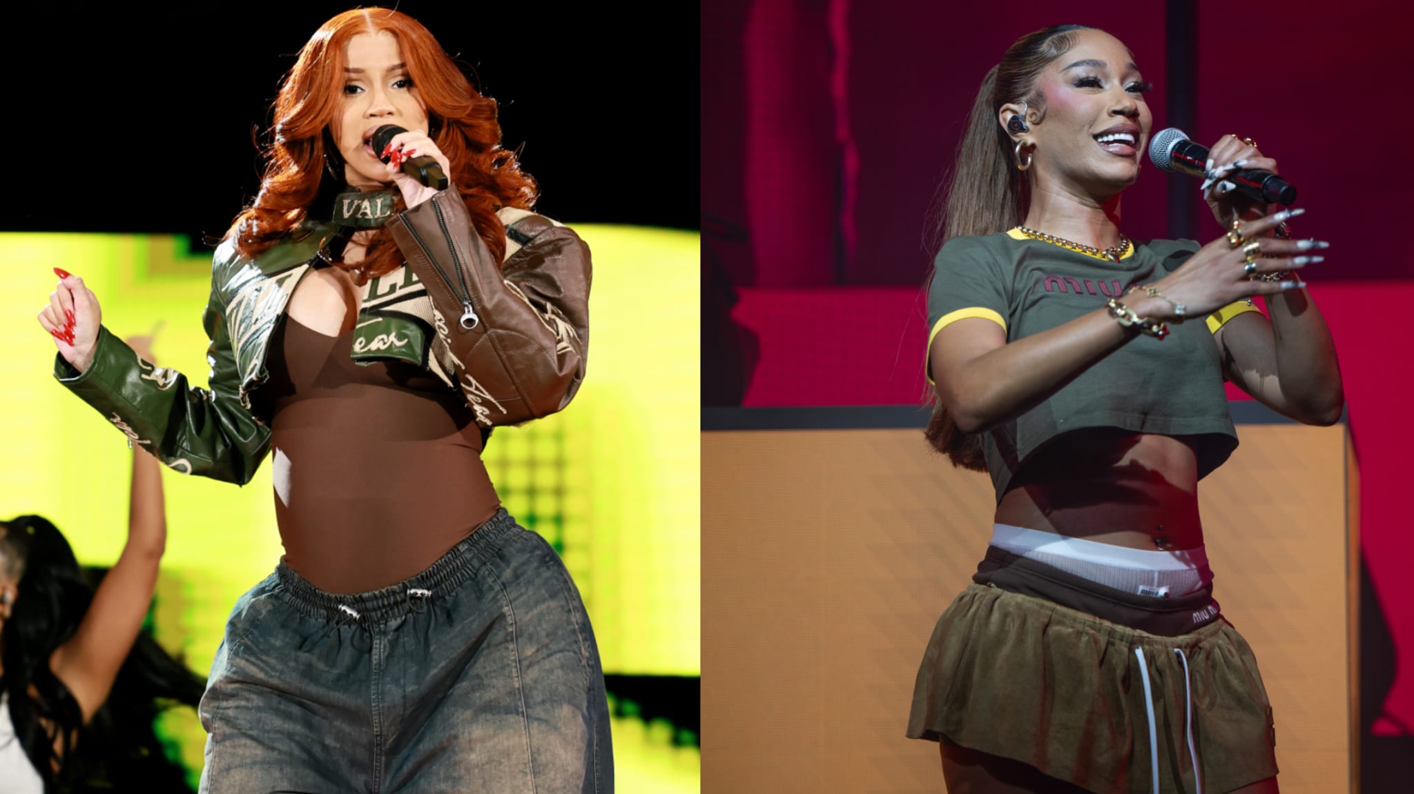 Cardi B has red hair and is singing into a microphone. BIA has long hair and is also singing.