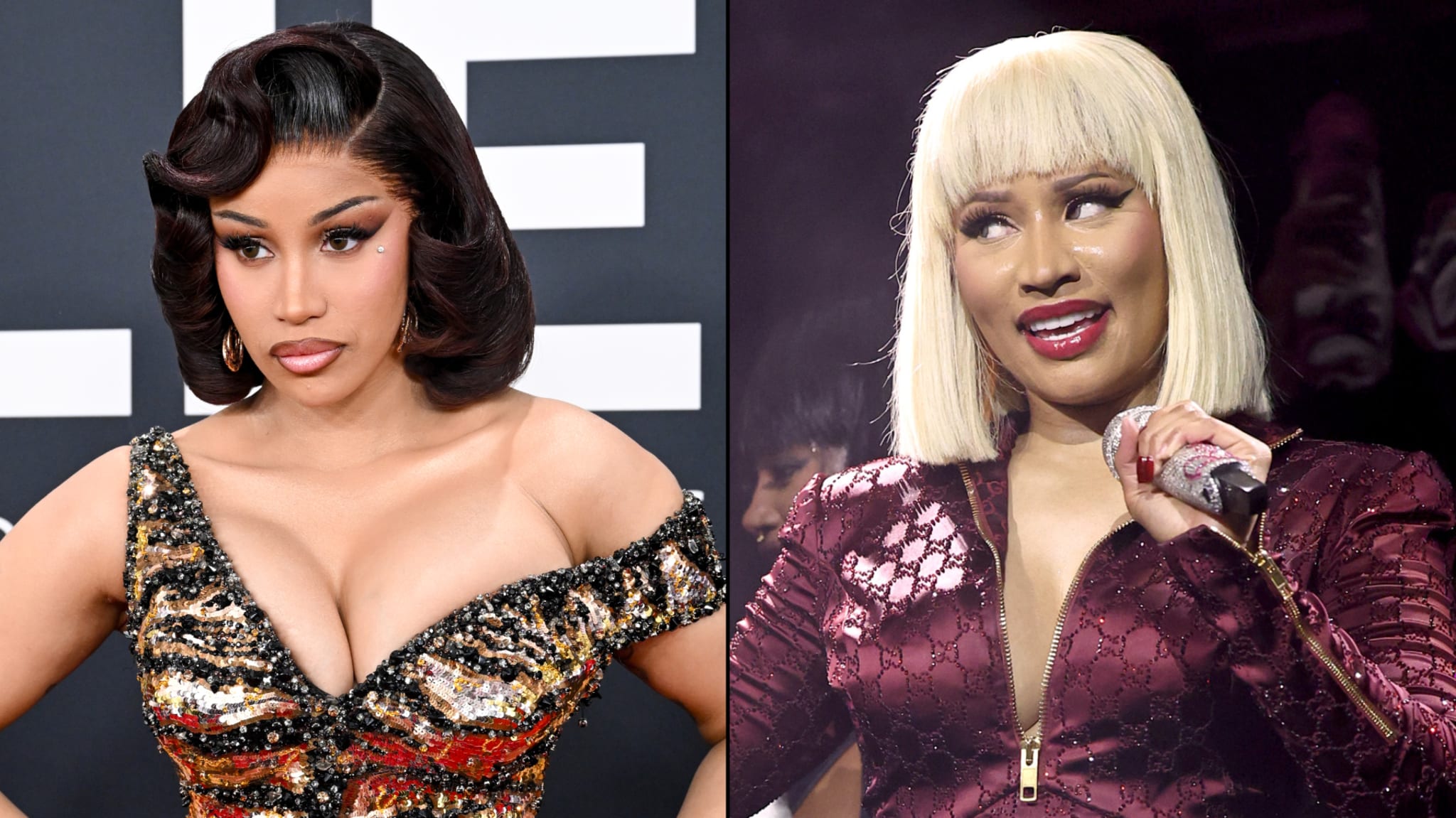Cardi B in a sequined dress with vintage hairstyle; Nicki Minaj performing in a maroon outfit with blonde hair, holding a microphone.