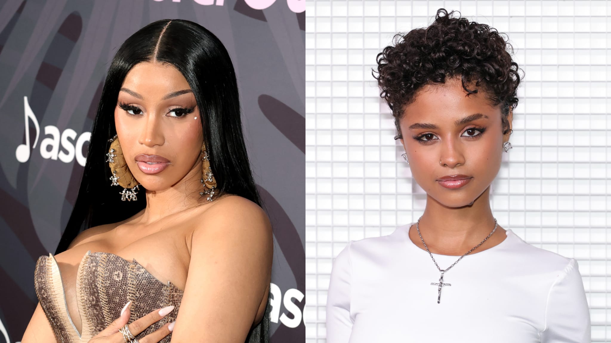 (L) Cardi B with long black hair and ornate earrings. (R) Tyla with short curly hair and a cross necklace.