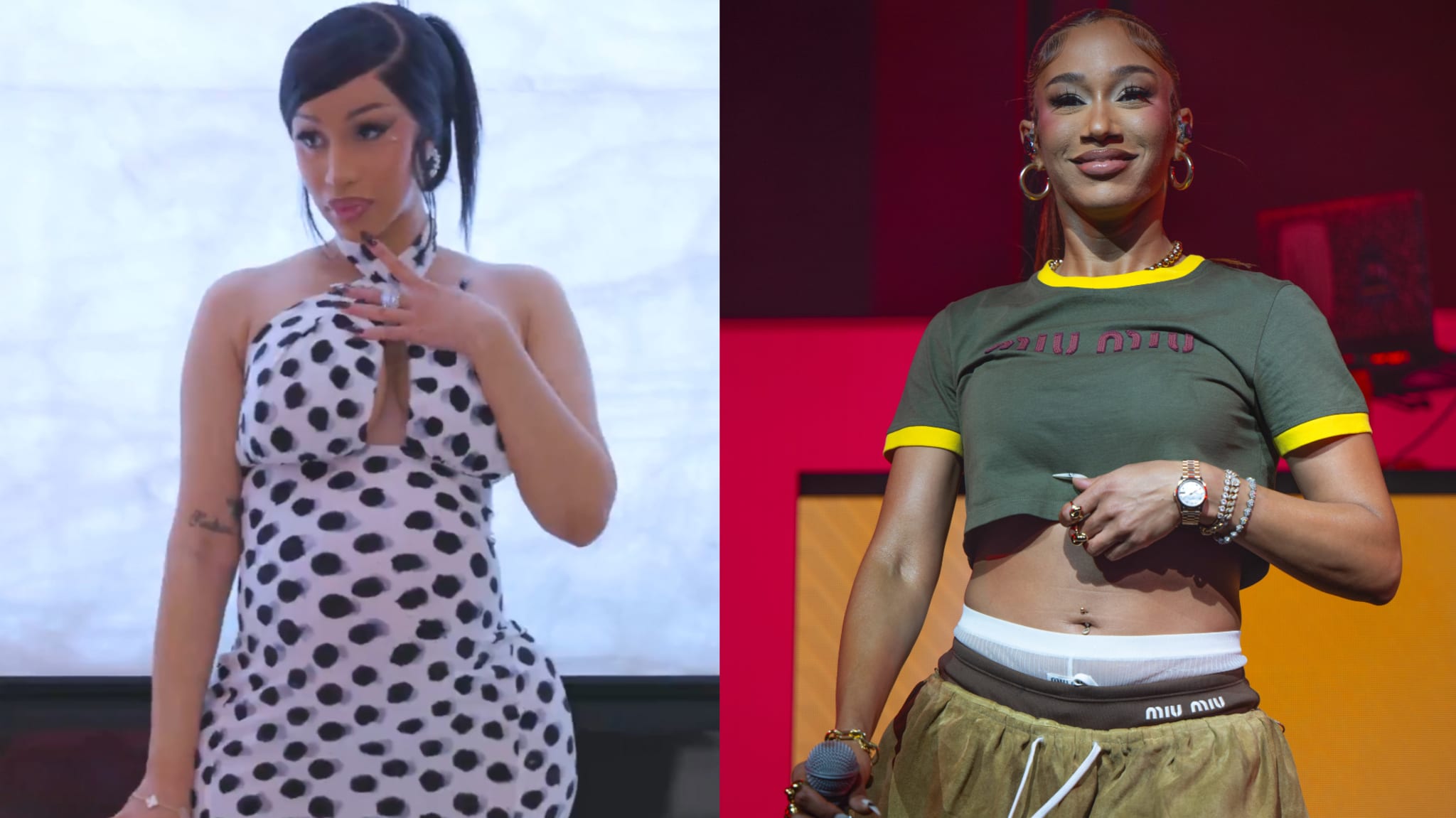 Cardi B in a polka dot dress on the left, and BIA in a cropped shirt and pants on the right, both posing confidently.