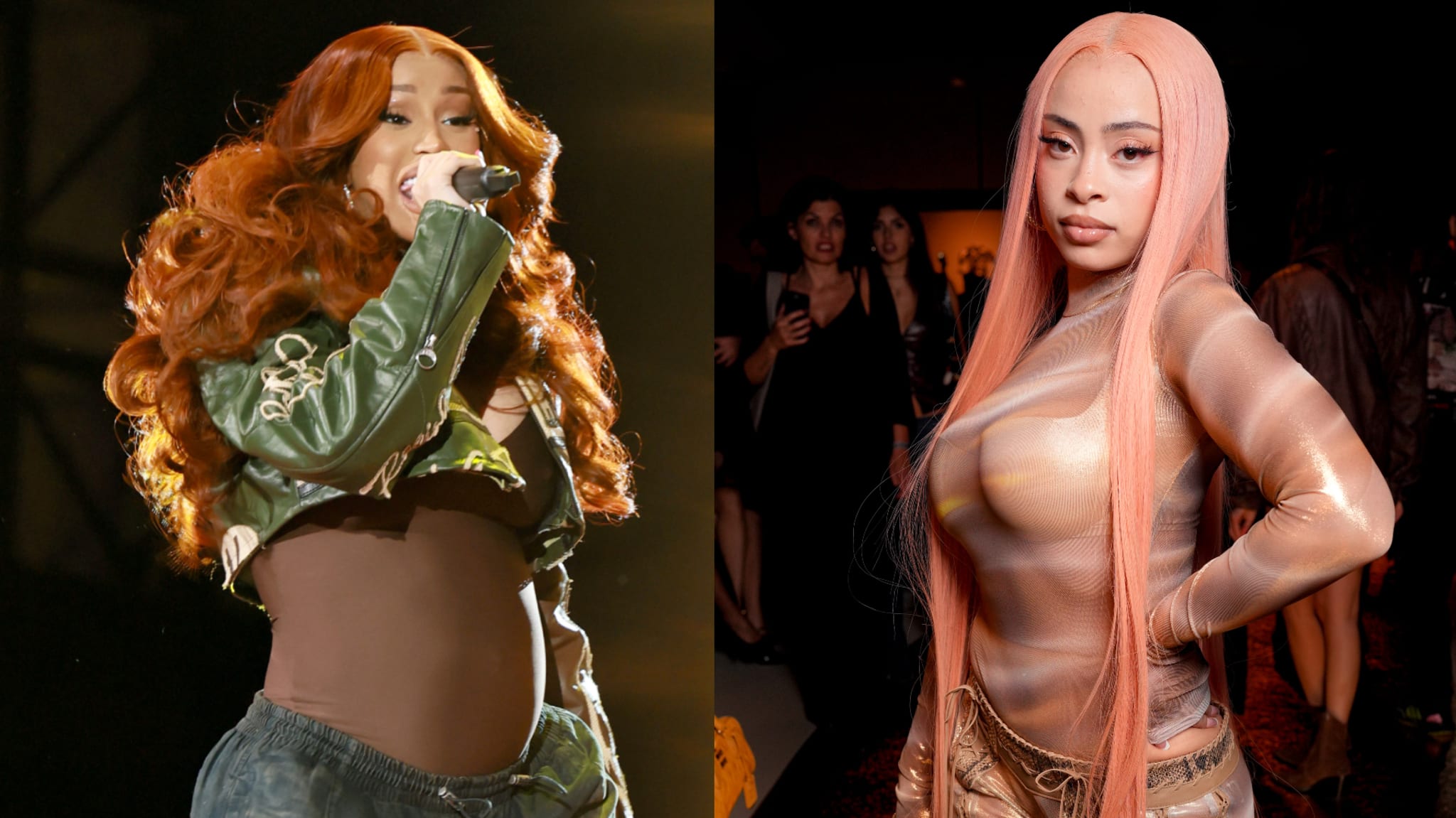 On the left, Cardi B with long red hair sings into a microphone. On the right, Ice Spice with long pink hair poses confidently.