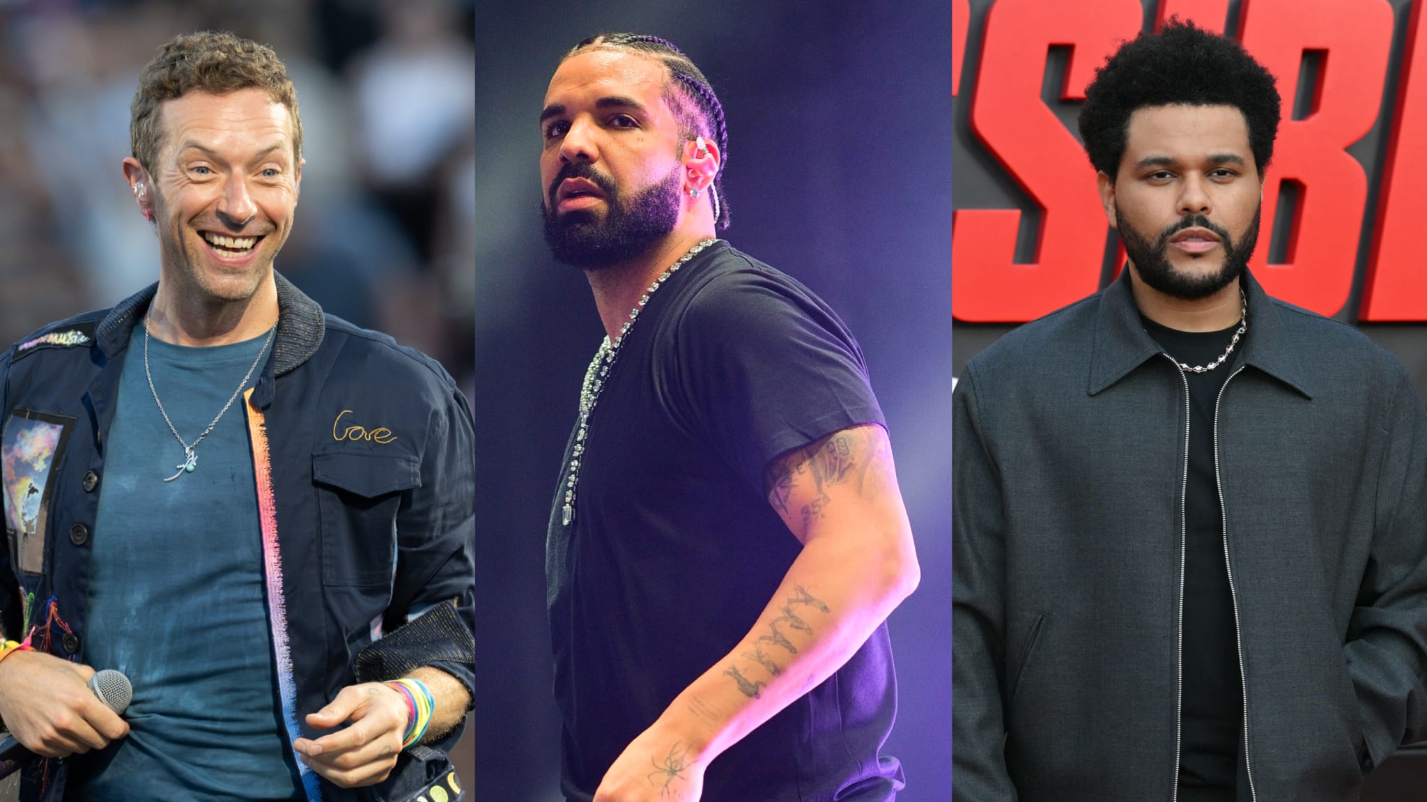 Chris Martin smiling with a microphone, Drake performing on stage, and The Weeknd posing at an event.