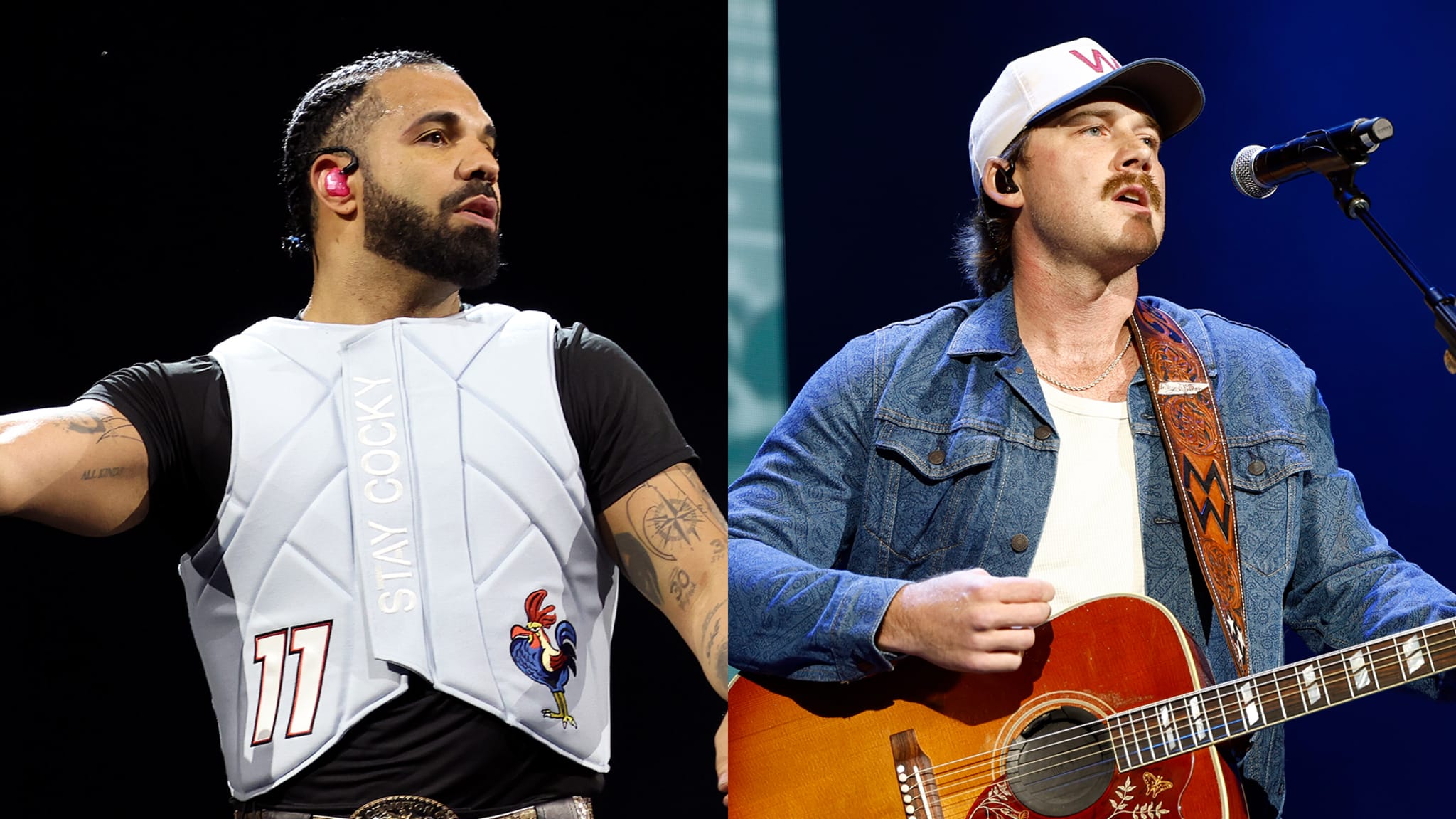 Split Photo shows Drake and Morgan Wallen performing in separate instances.