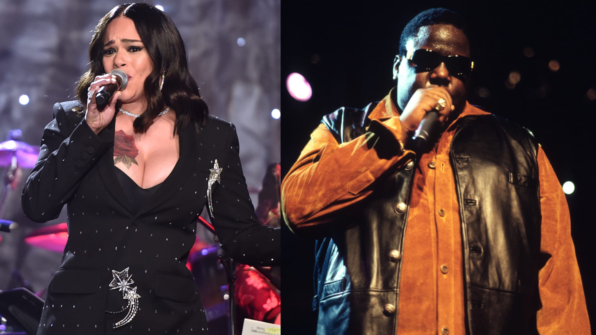 Faith Evans singing on stage; The Notorious B.I.G. performing in a leather vest and sunglasses.