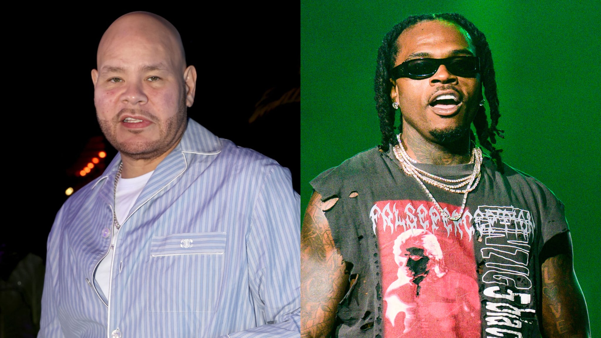 Fat Joe in a striped shirt on the left; Gunna in a graphic tee and sunglasses on the right, performing on stage.