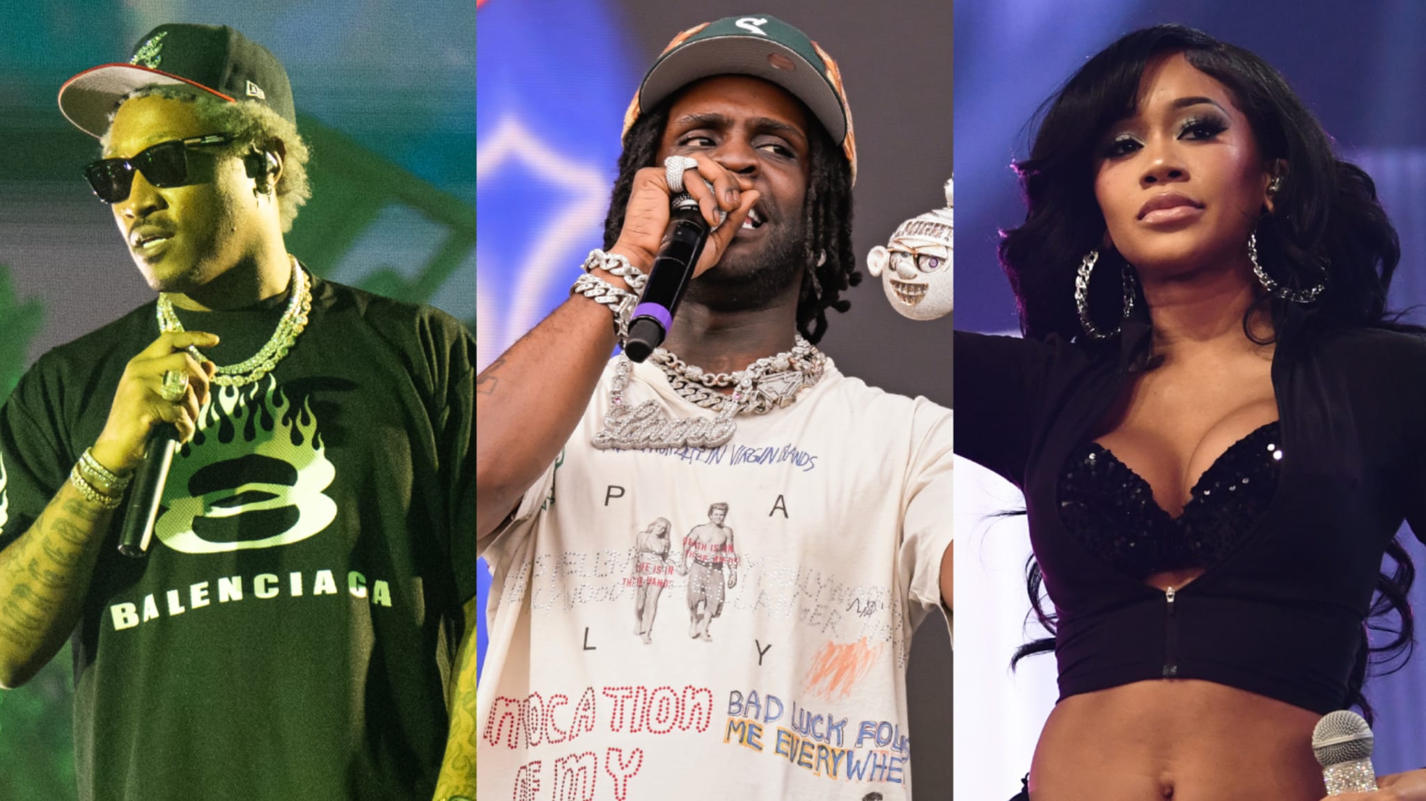 Three artists on stage: Future in a Balenciaga shirt, Chief Keef with a microphone, and Saweetie in a black outfit.