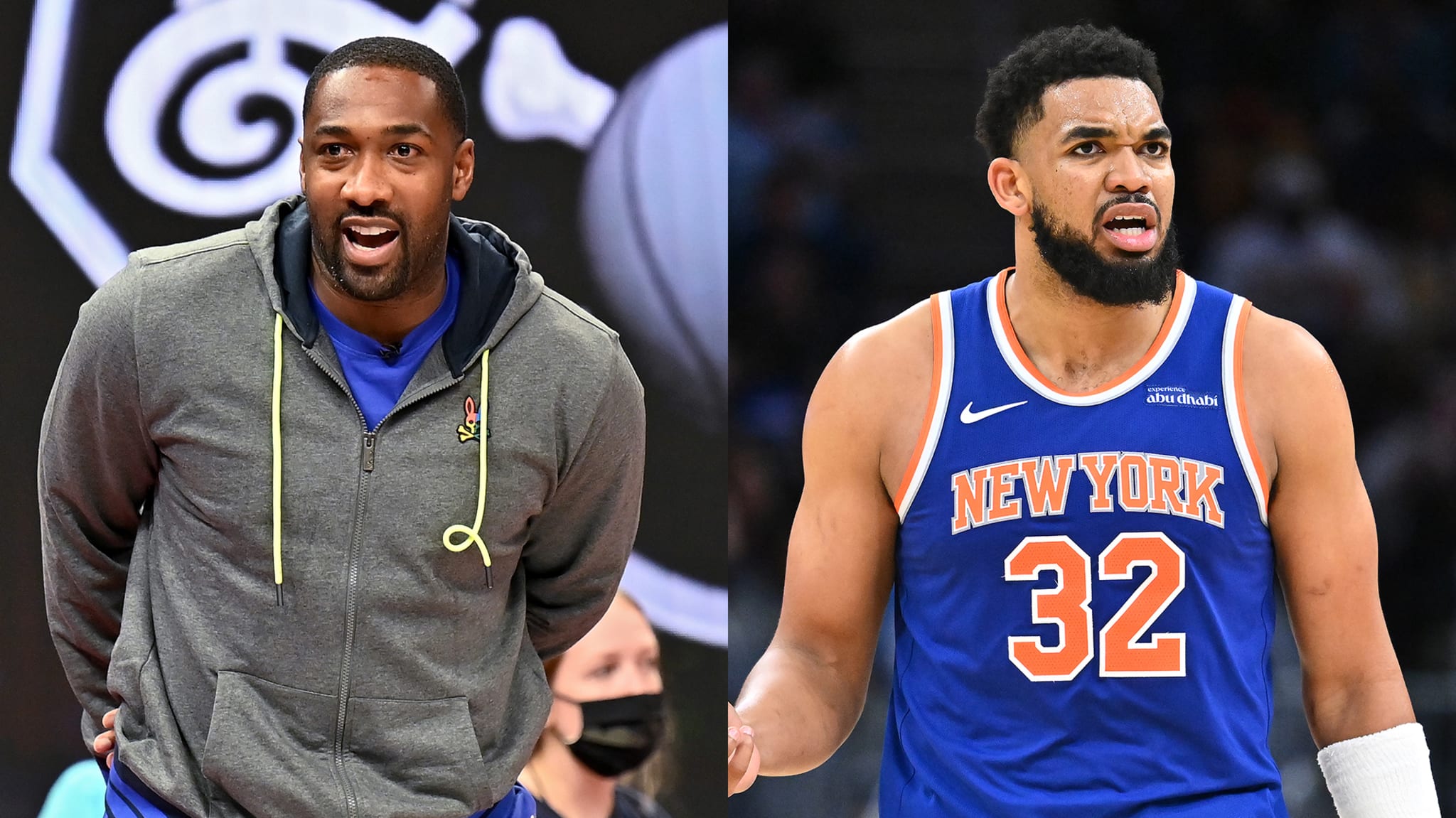 Gilbert Arenas and Karl-Anthony Towns in a split image.