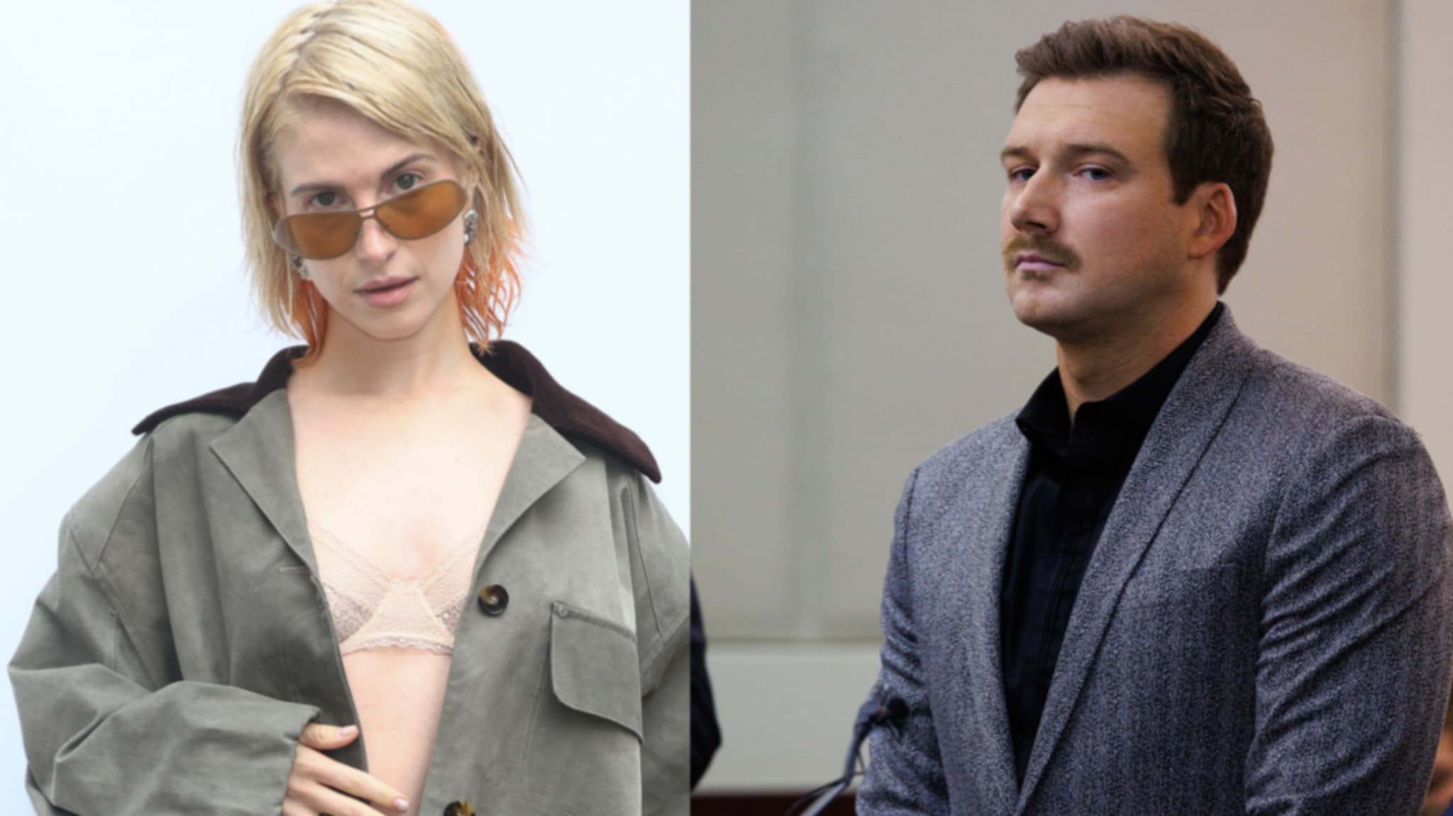 Hayley Williams with sunglasses and Morgan Wallen in a suit.