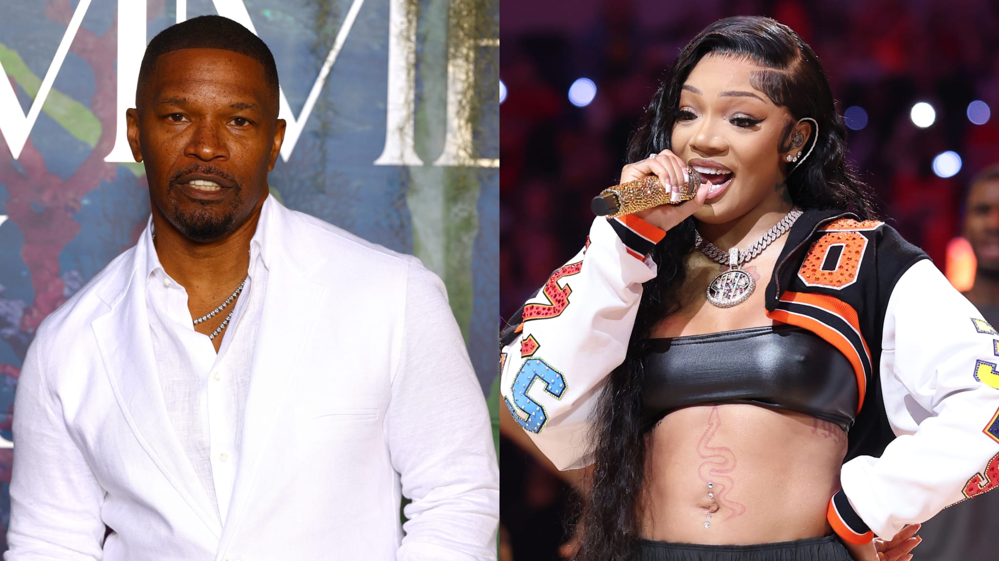 Left: Jamie Foxx in a white suit, smiling. Right: GloRilla performing, wearing a colorful jacket and holding a microphone.