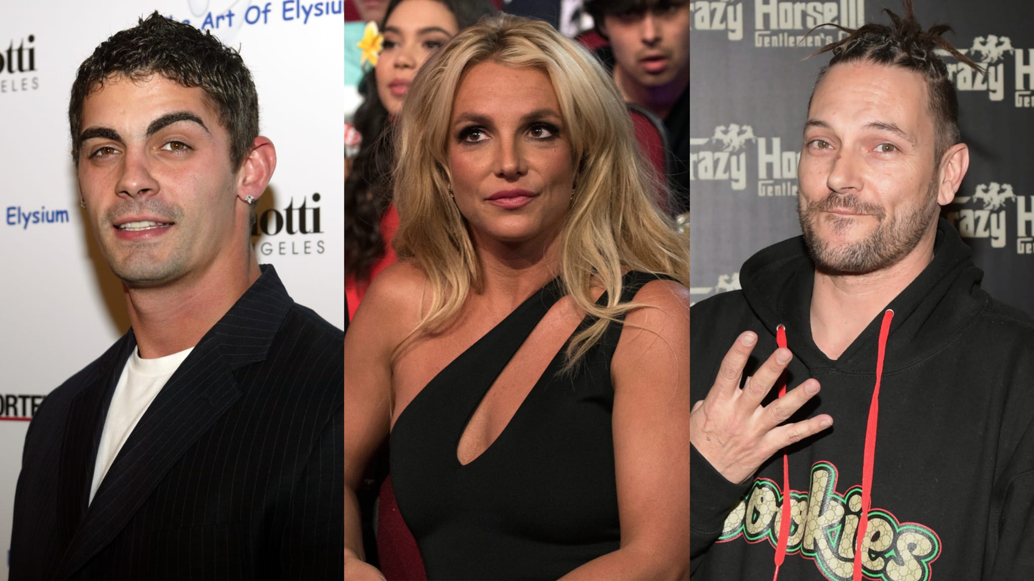 Three images side by side: Jason Alexander, Britney Spears in a black dress, and Kevin Federline in a hoodie, each looking at the camera.