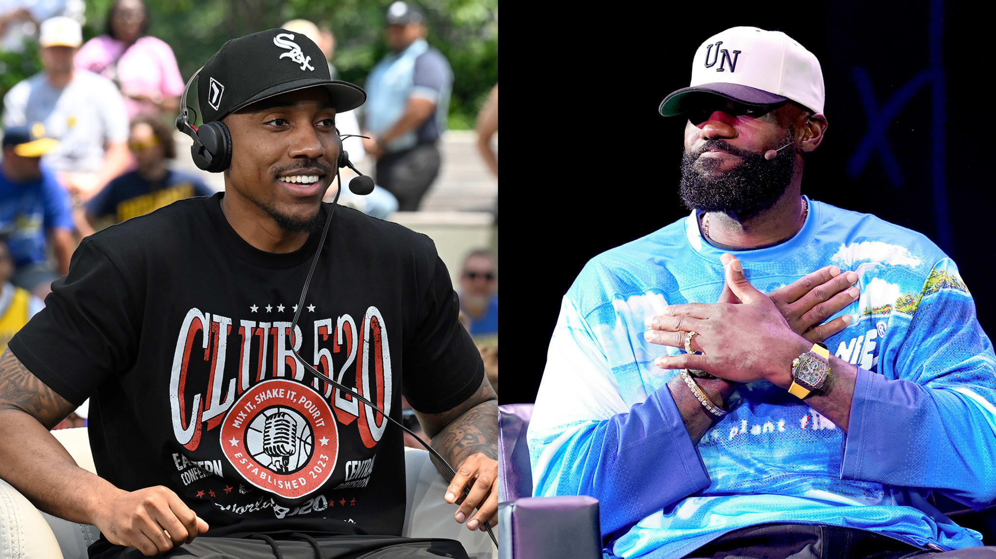 Jeff Teague commenting during a game of the NBA Finals, LeBron James speaking onstage during Fanatics Fest NYC 2025.