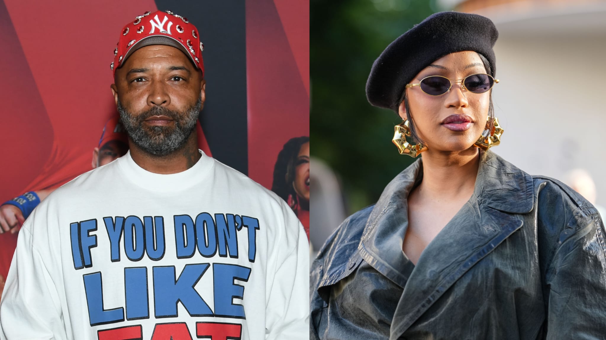 (L) Joe Budden in a red cap and graphic shirt. (R) Cardi B in a beret and sunglasses, wearing a stylish jacket with bold earrings.