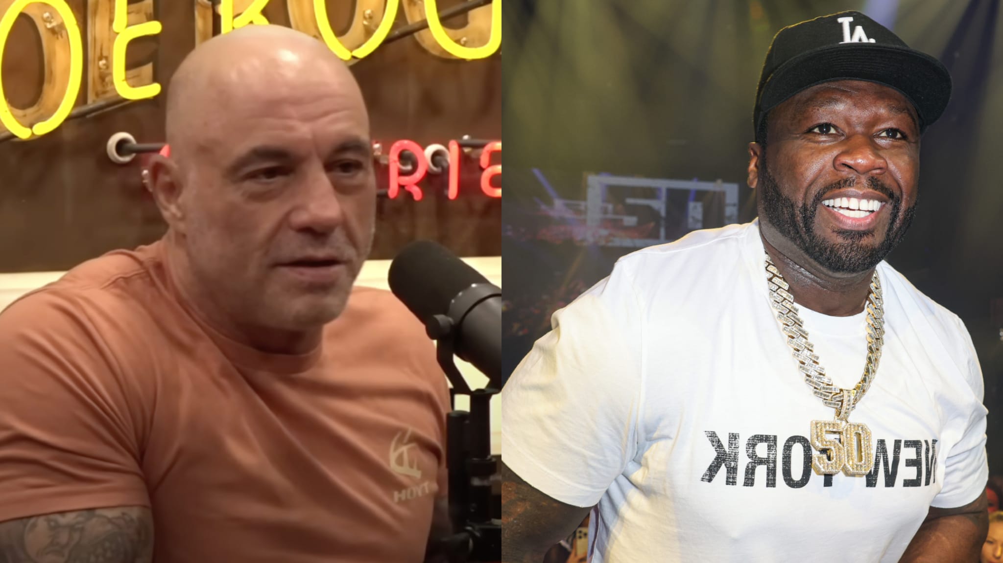 Split image. Left: Joe Rogan speaking into a microphone. Right: 50 Cent smiling, wearing a cap and chain.