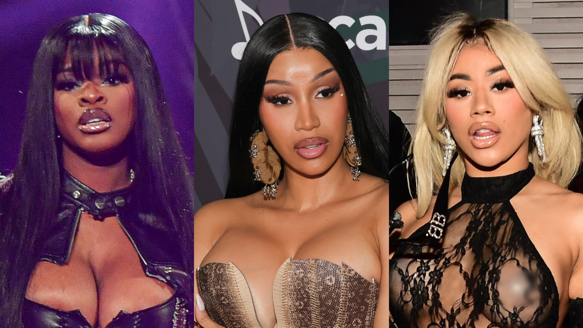 JT, Cardi B, and Hennessy Carolina are shown in a collage. JT wears a black outfit, Cardi B a strapless dress, and Hennessy a lace top.