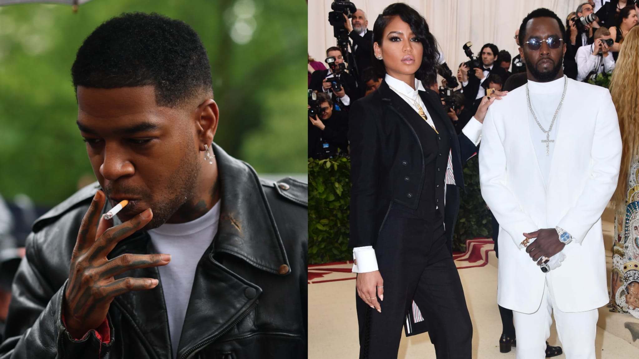 Left: Kid Cudi in a leather jacket smoking. Right: Cassie in a black suit and Diddy in a white suit at a formal event.