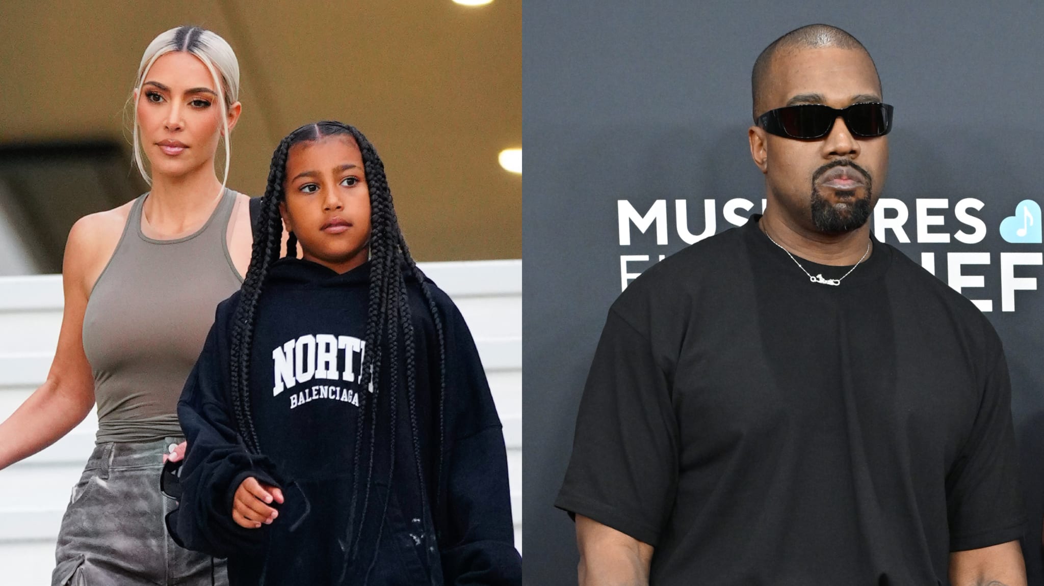 Kim Kardashian with her daughter North West on the left, and Kanye West on the right wearing sunglasses.